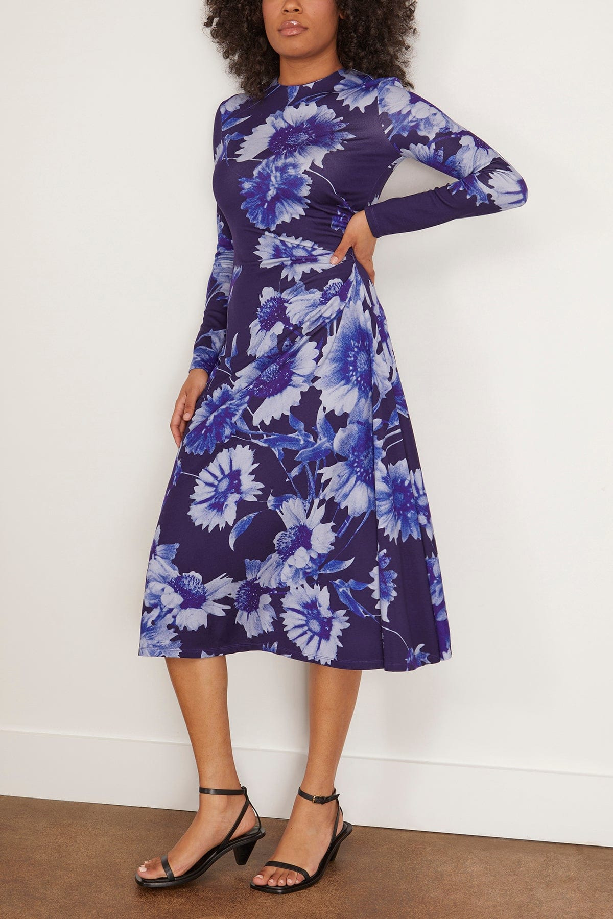 Long Sleeve Draped Midi Dress in Troubridge Floral Indigo - 3