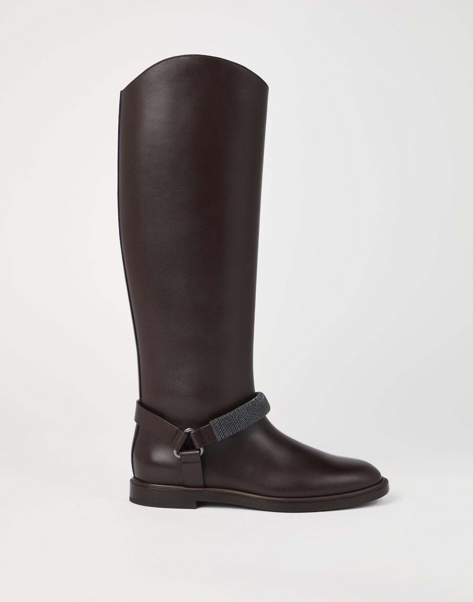 Matte calfskin knee high boots with precious ribbed strap - 5