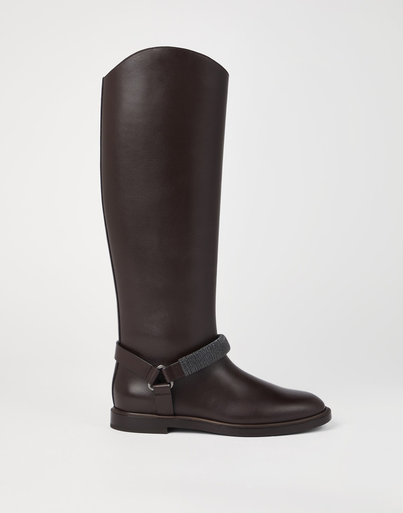 Matte calfskin knee high boots with precious ribbed strap 5