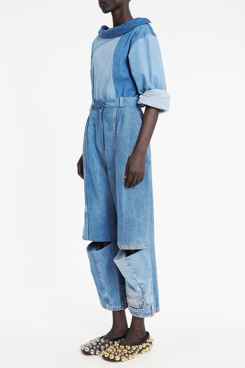 A.W.A.K.E. MODE OFF SHOULDER UPCYCLED DENIM BACK TO FRONT SHIRT BLUE outlook