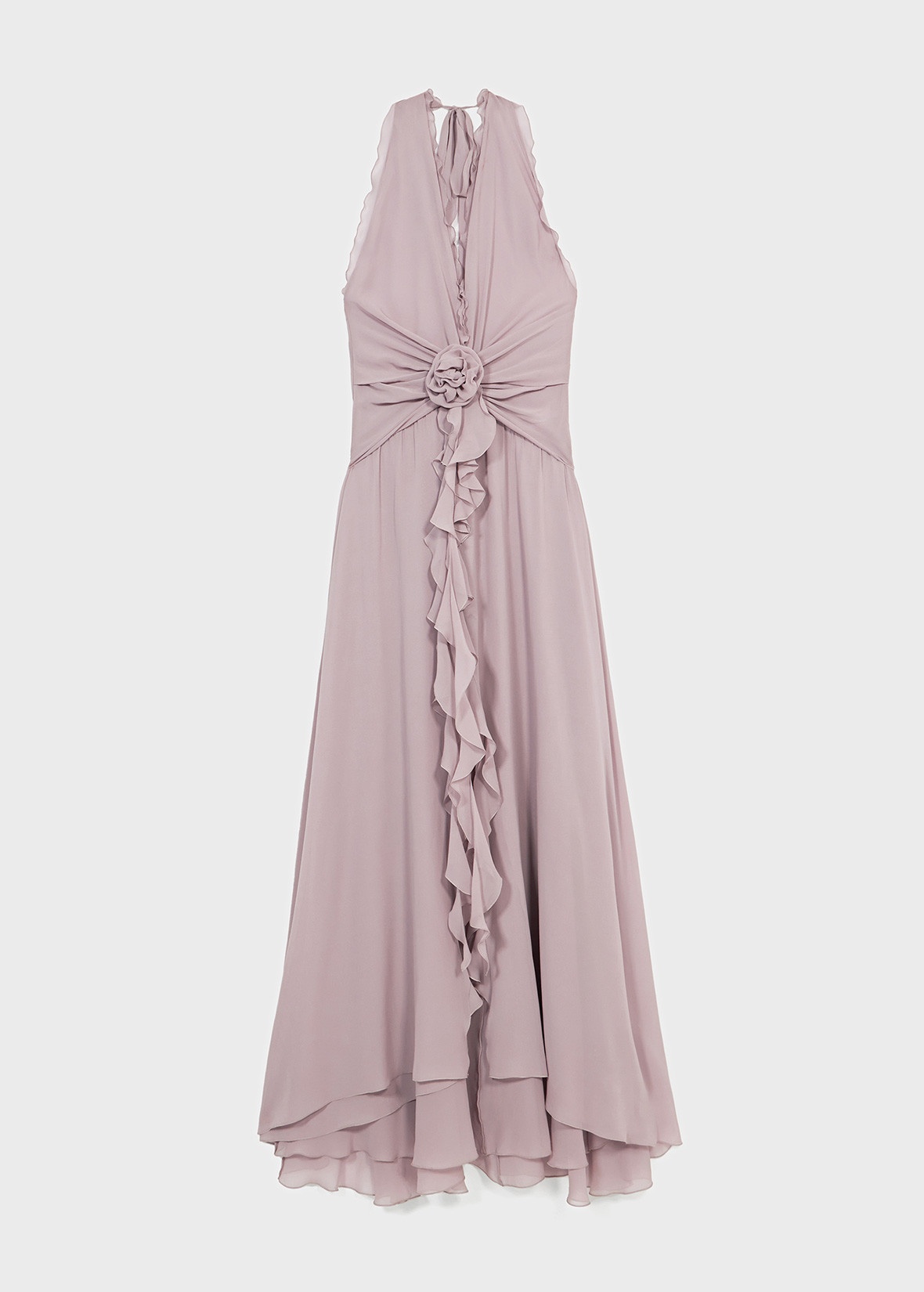 LONG GEORGETTE DRESS WITH RUFFLES AND ROSE DECORATION - 1