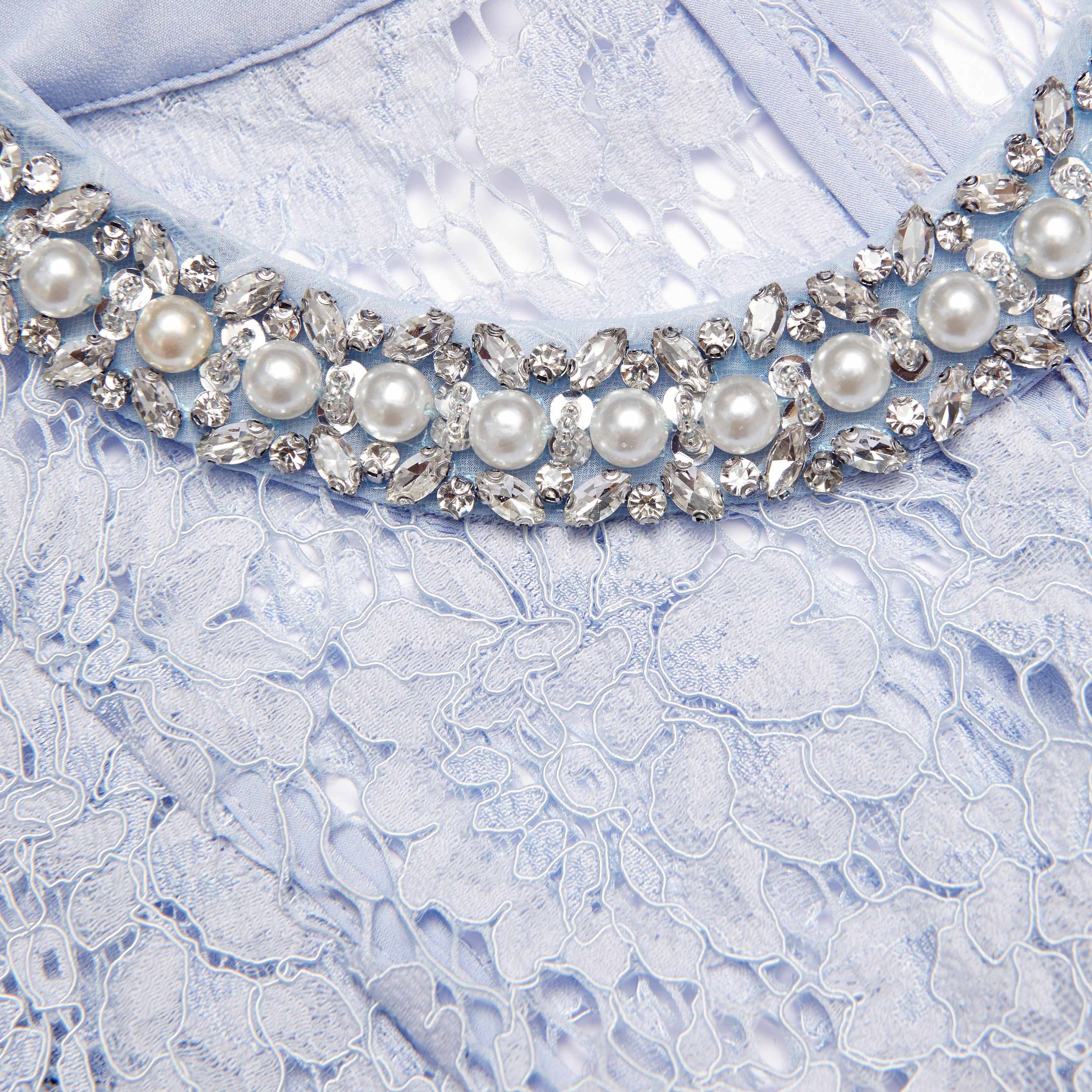 Blue Fine Lace Pearl Midi Dress - 5