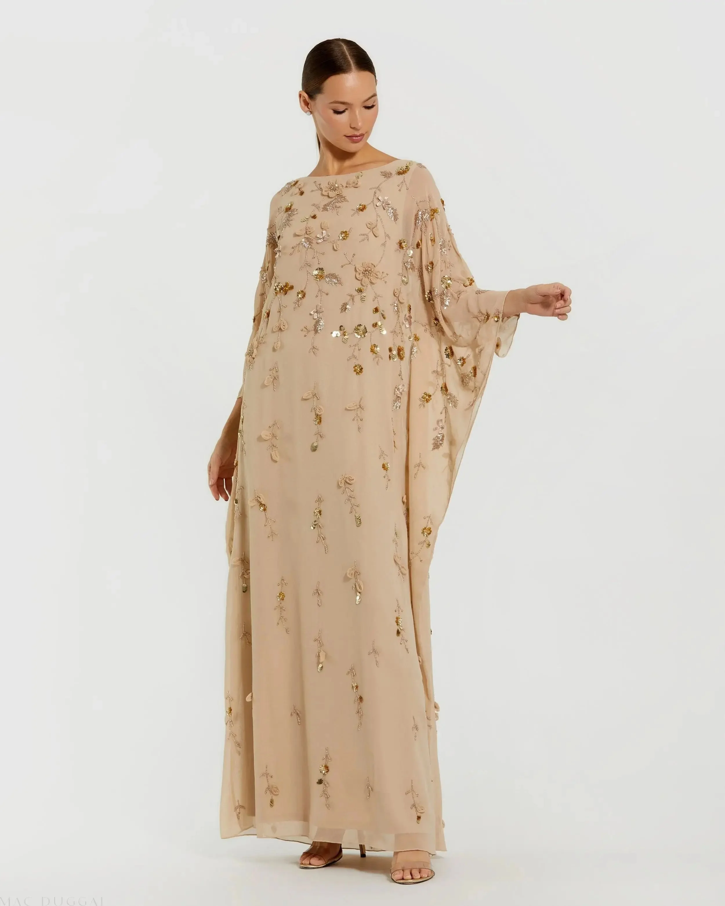 Beige Floral Embellished Kaftan Gown - 1