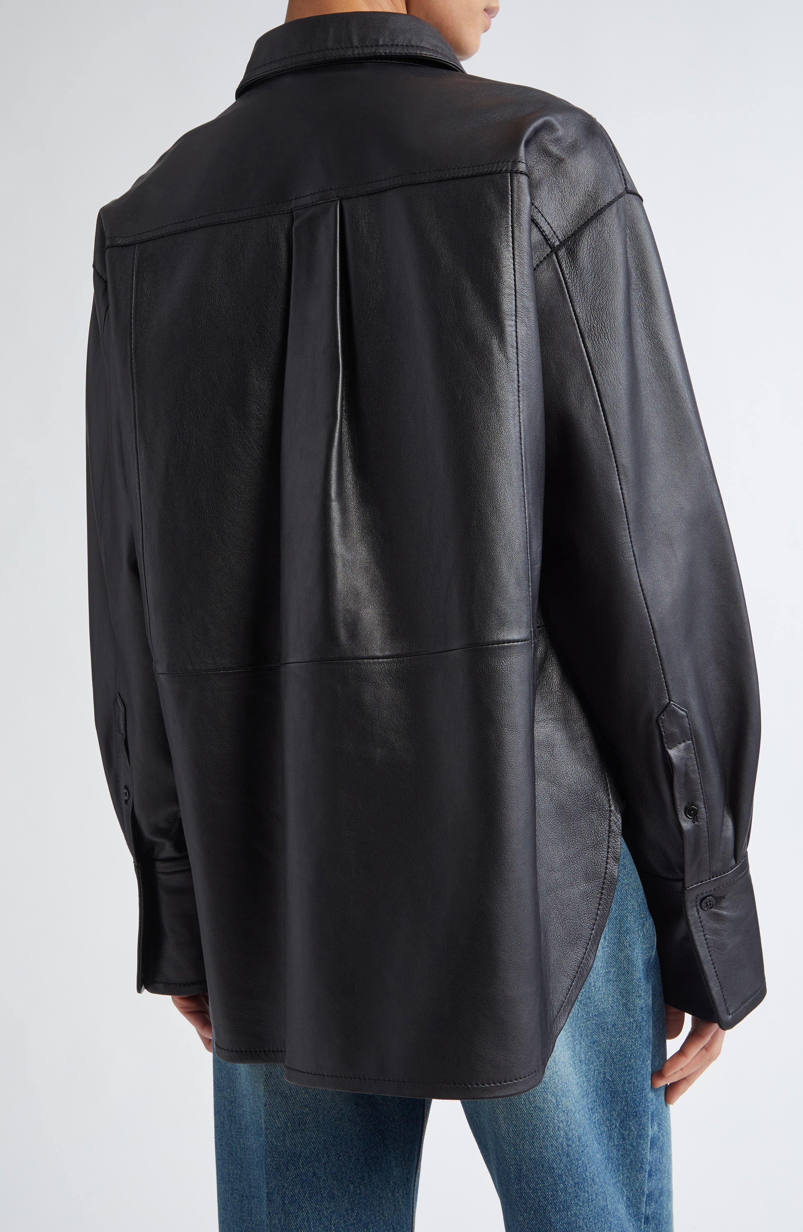 Victoria Beckham Oversize Leather Button-Up Shirt in Black at Nordstrom - 3