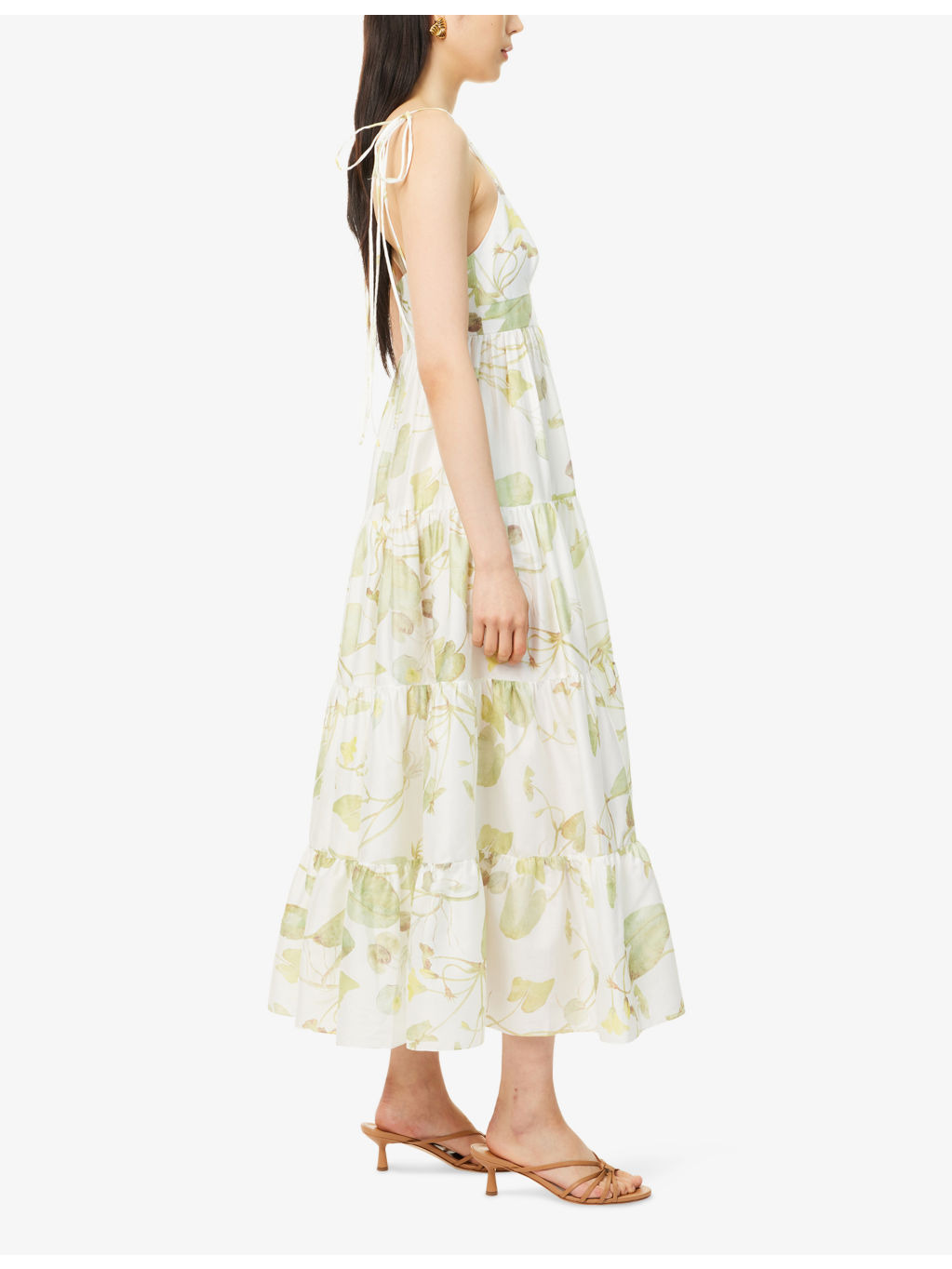 Leaf-Print Sleeveless Flared Cotton Midi Dress - 3