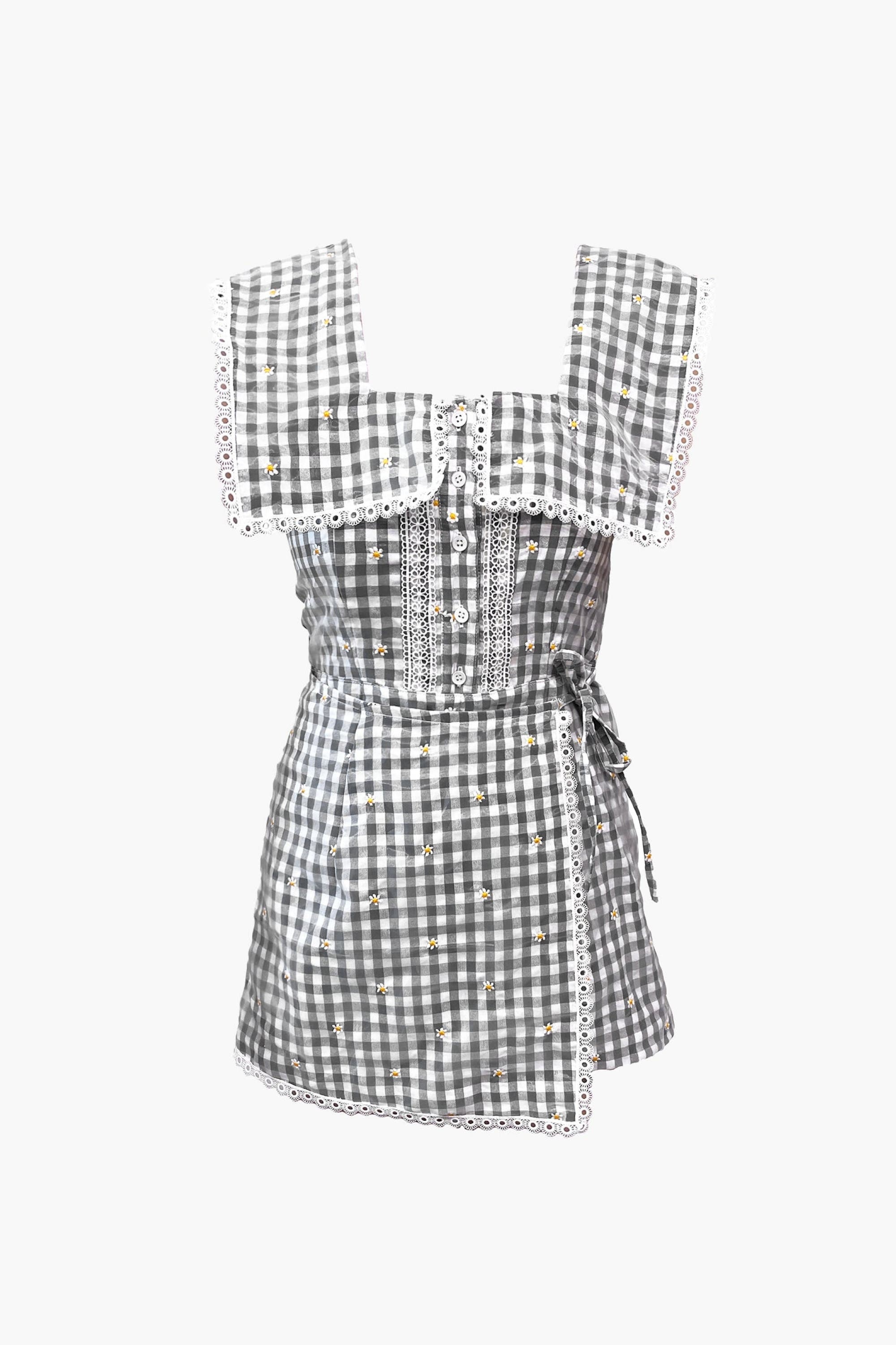 Anna Sui Daisy Embroidery On Gingham Romper in Black Multi at Nordstrom - 1