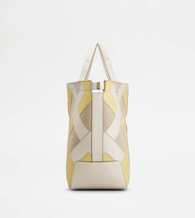 TOD'S DI BAG FOLIO IN LEATHER AND CANVAS MEDIUM - WHITE, GREY, YELLOW 2