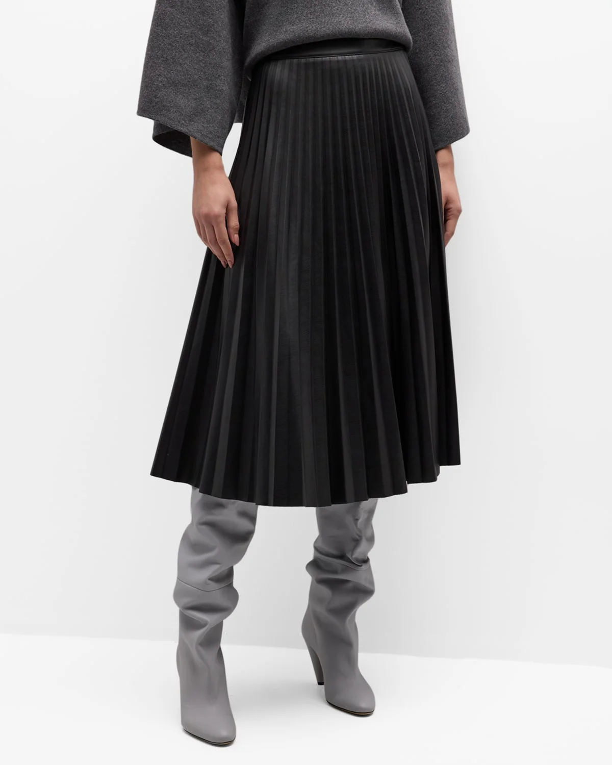 Pleated Vegan Leather Midi Skirt - 1