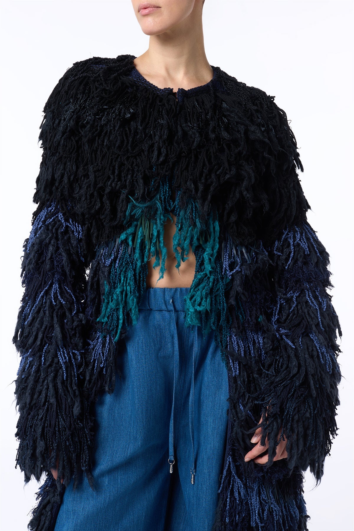 Minerva Fringe Coat in Navy Multi Silk - 4