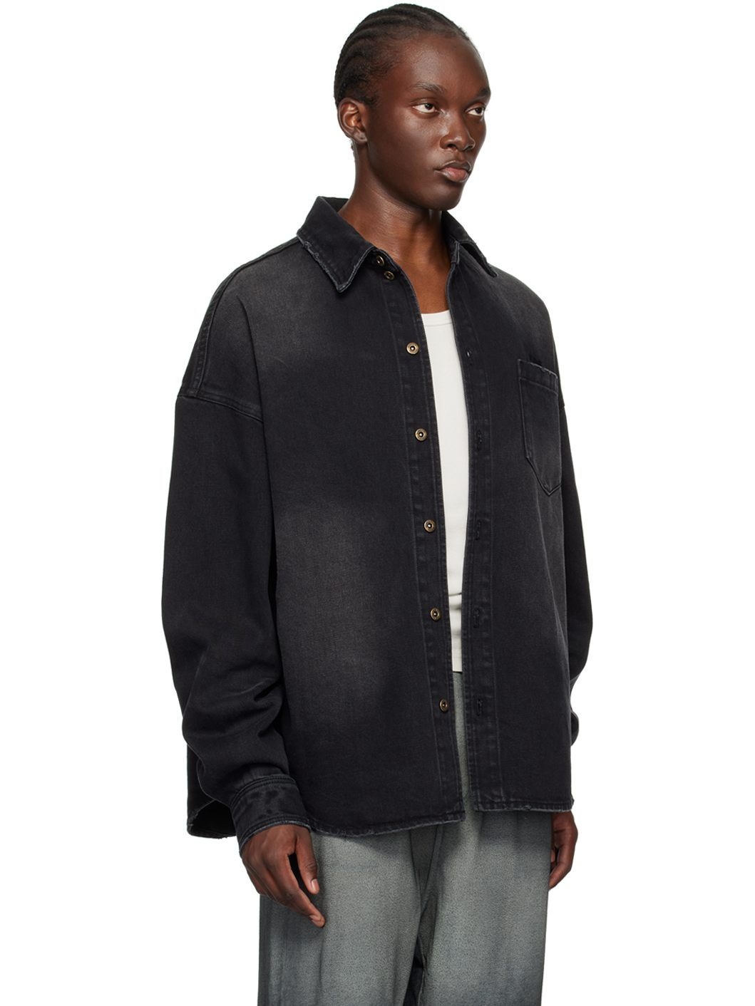 Black Distressed Denim Shirt - 2