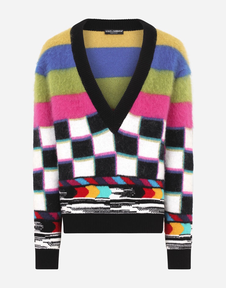 Jacquard V-neck sweater with multi-color glitch design - 3