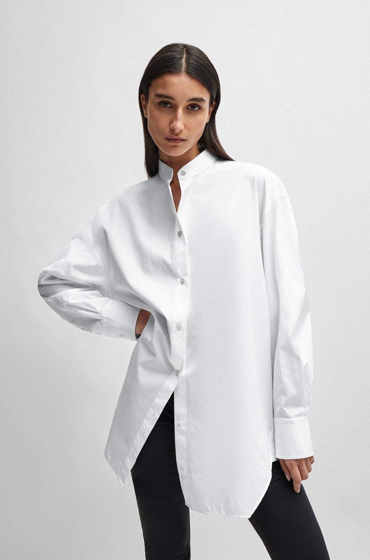 NAOMI X BOSS LONGLINE COTTON BLOUSE WITH CRINKLE-FREE EFFECT - 2