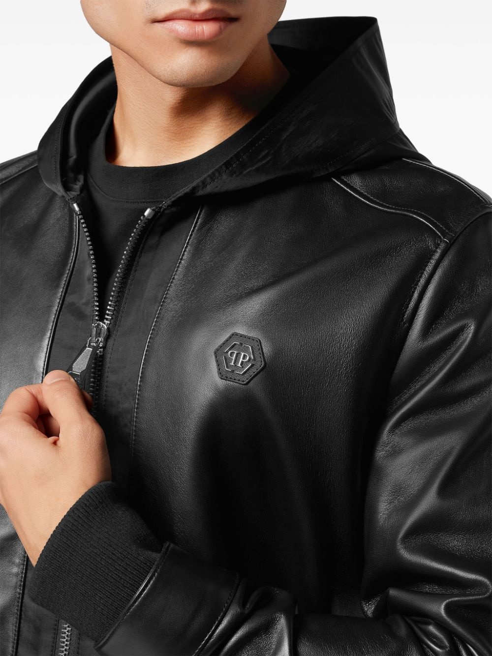 leather and satin hooded bomber jacket - 4