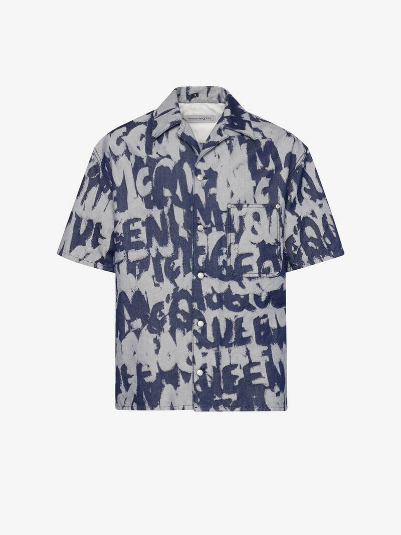Alexander McQueen Men's McQueen Graffiti Hawaiian Denim Shirt in Indigo outlook