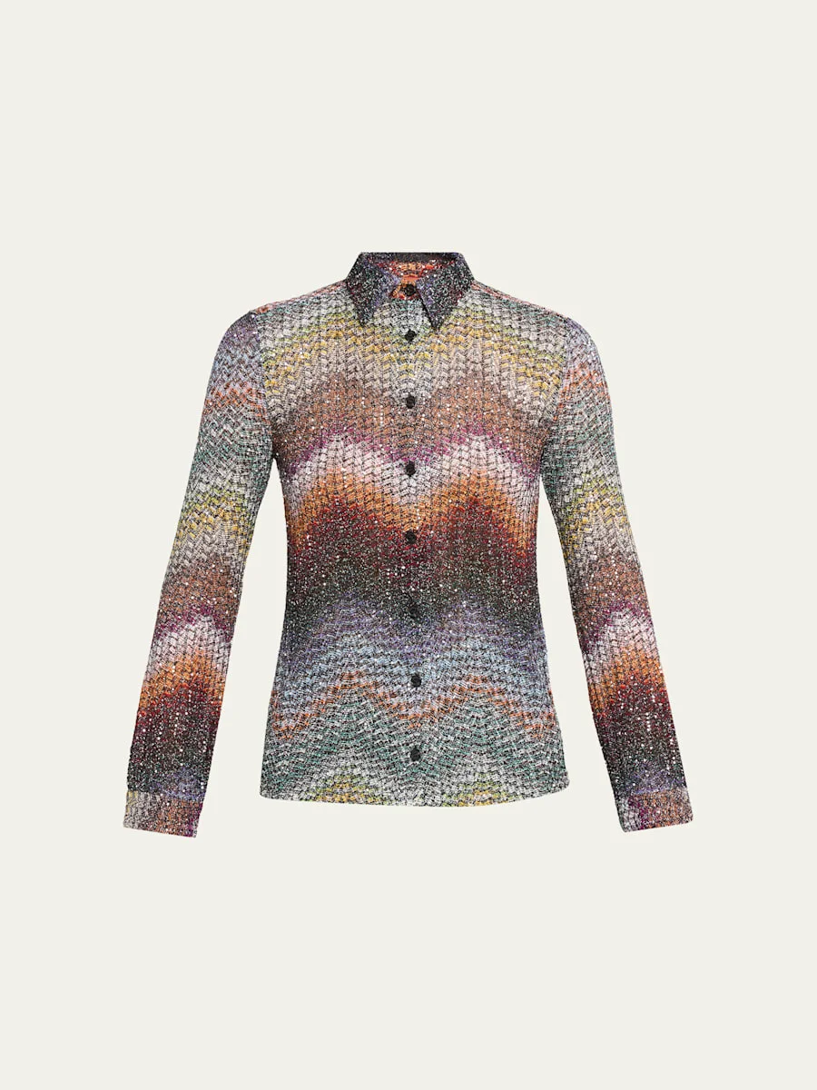 Sequined Wefted Loom Knit Button-Down Shirt - 1