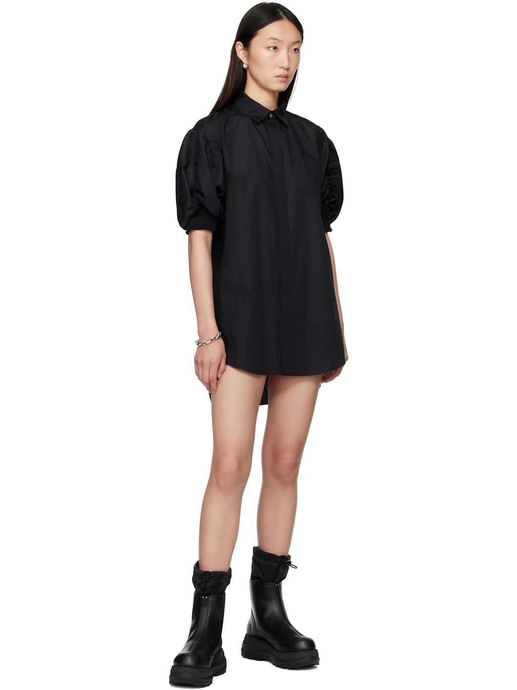 Black Cotton Poplin & Nylon Twill Minidress - 4