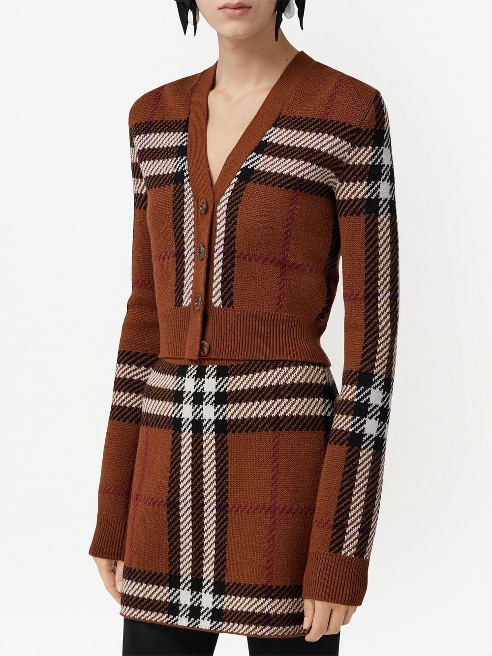 check wool jacquard cropped cardigan - 3