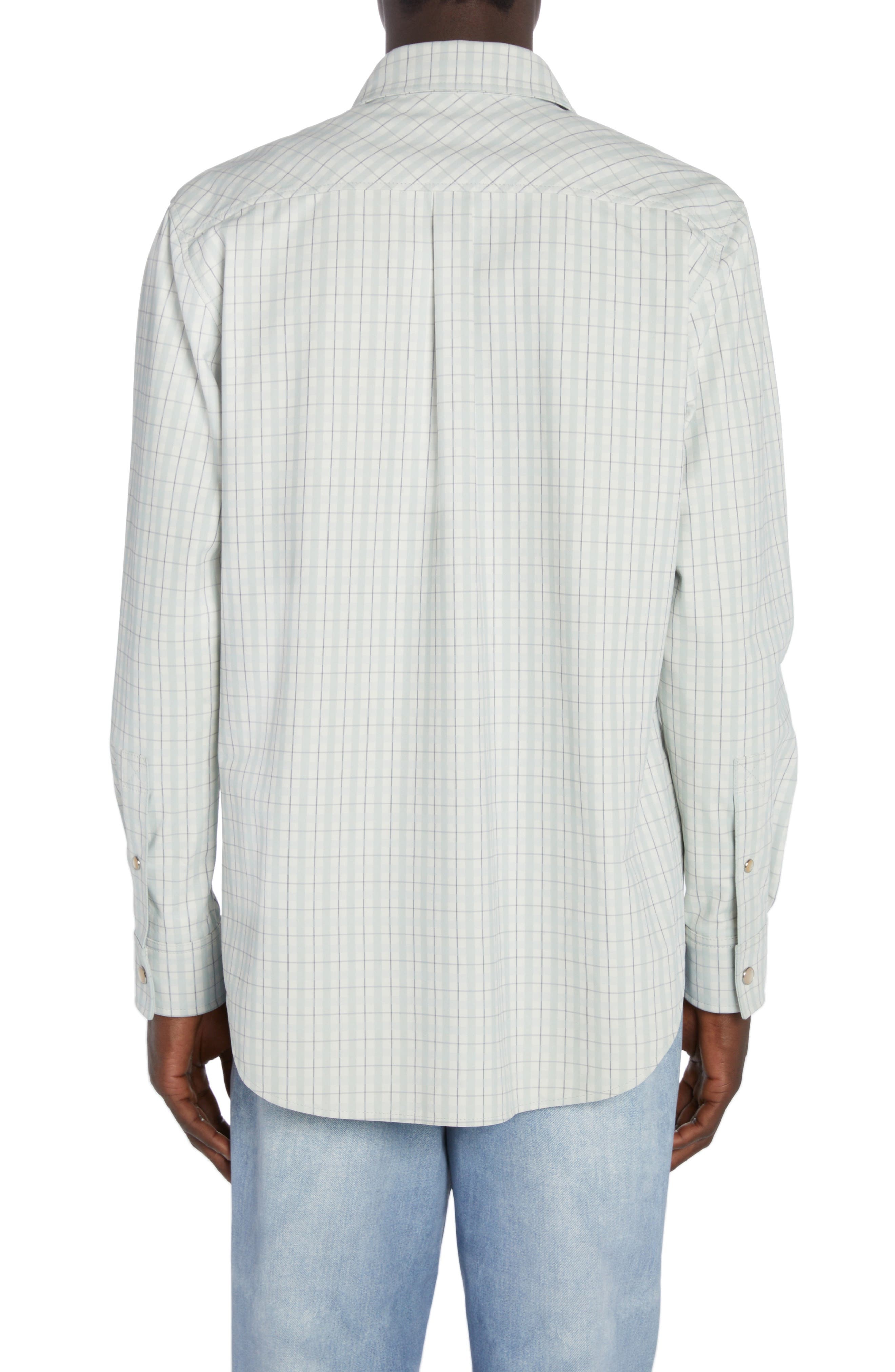 Bottega Veneta Check Print Leather Snap-Up Western Shirt in White/Grey/Mint at Nordstrom - 3