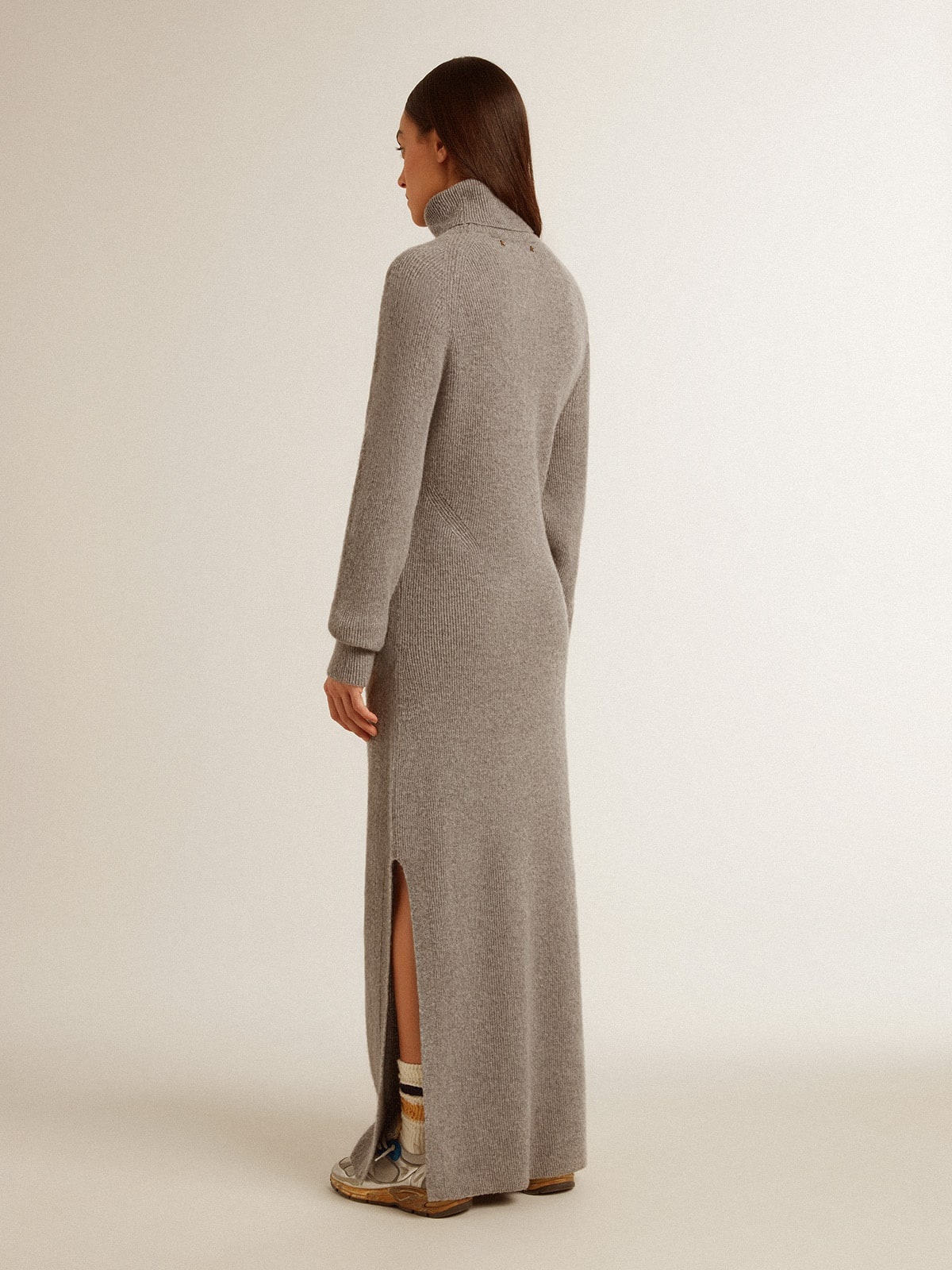 Gray melange ribbed woolen dress with high neck - 5