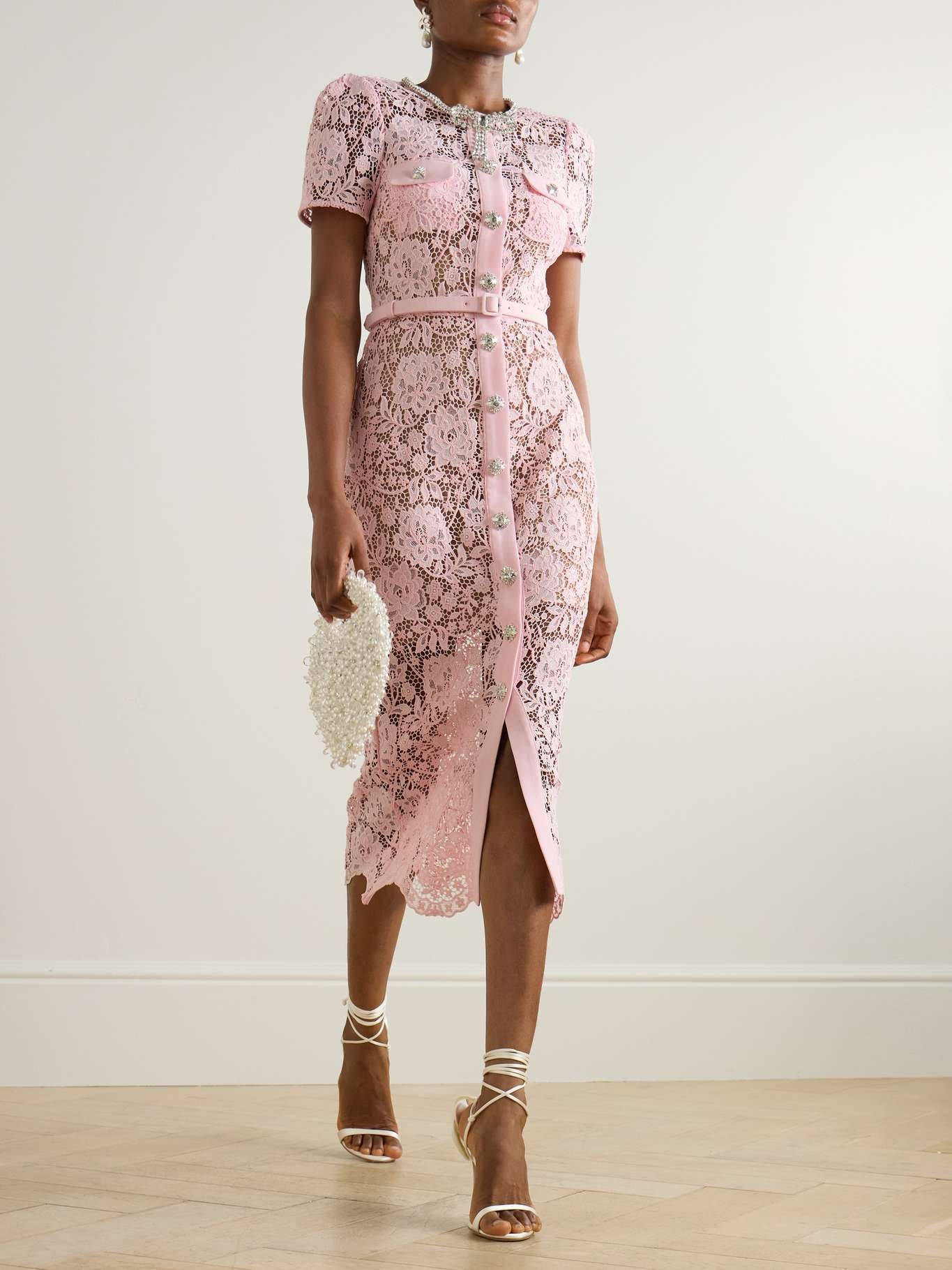 self-portrait Pink Lace Diamante Bow Midi Dress - PF24-901M-P | REVERSIBLE