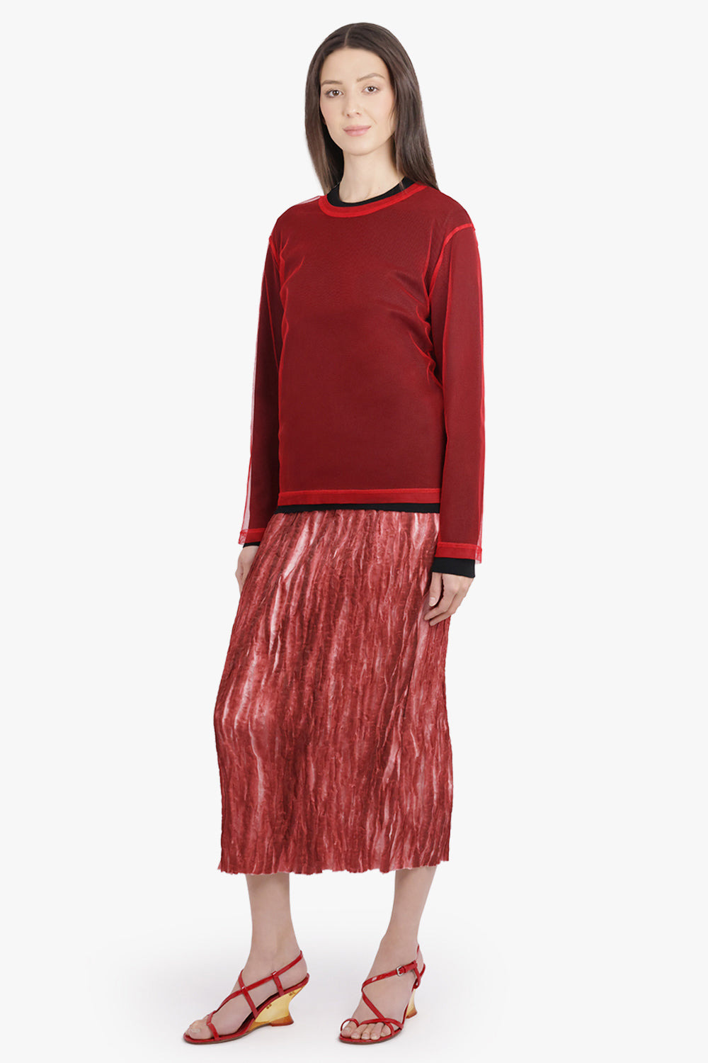 LAYERED TULLE OVERLAY L/S KNITTED TOP | BLACK/RED - 2
