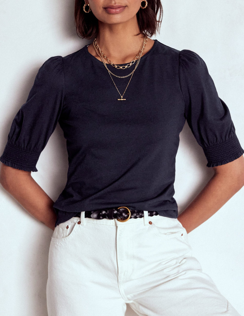 Short Sleeve Smocked Cuff Top-Navy 3