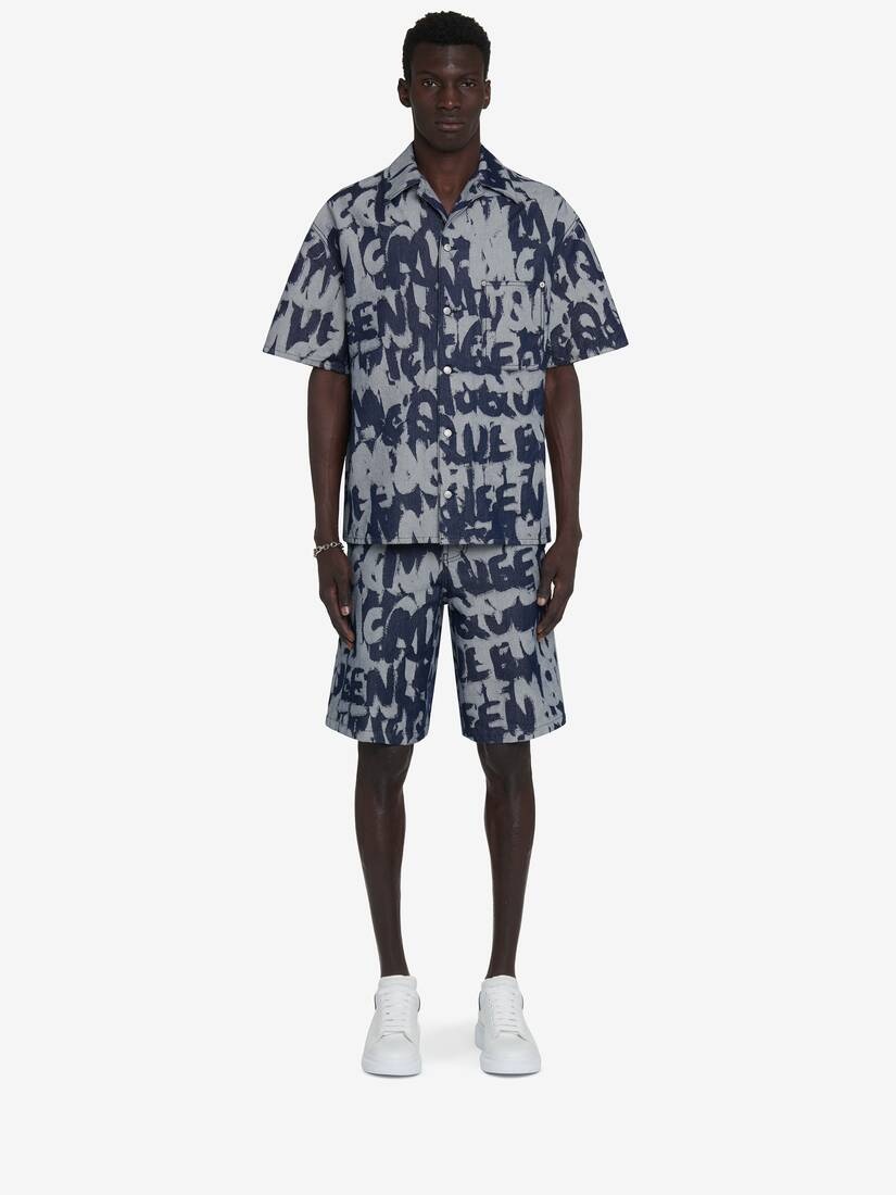 Men's McQueen Graffiti Hawaiian Denim Shirt in Indigo - 3