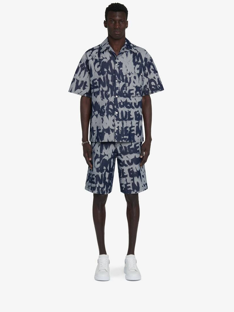 Men's McQueen Graffiti Hawaiian Denim Shirt in Indigo 3