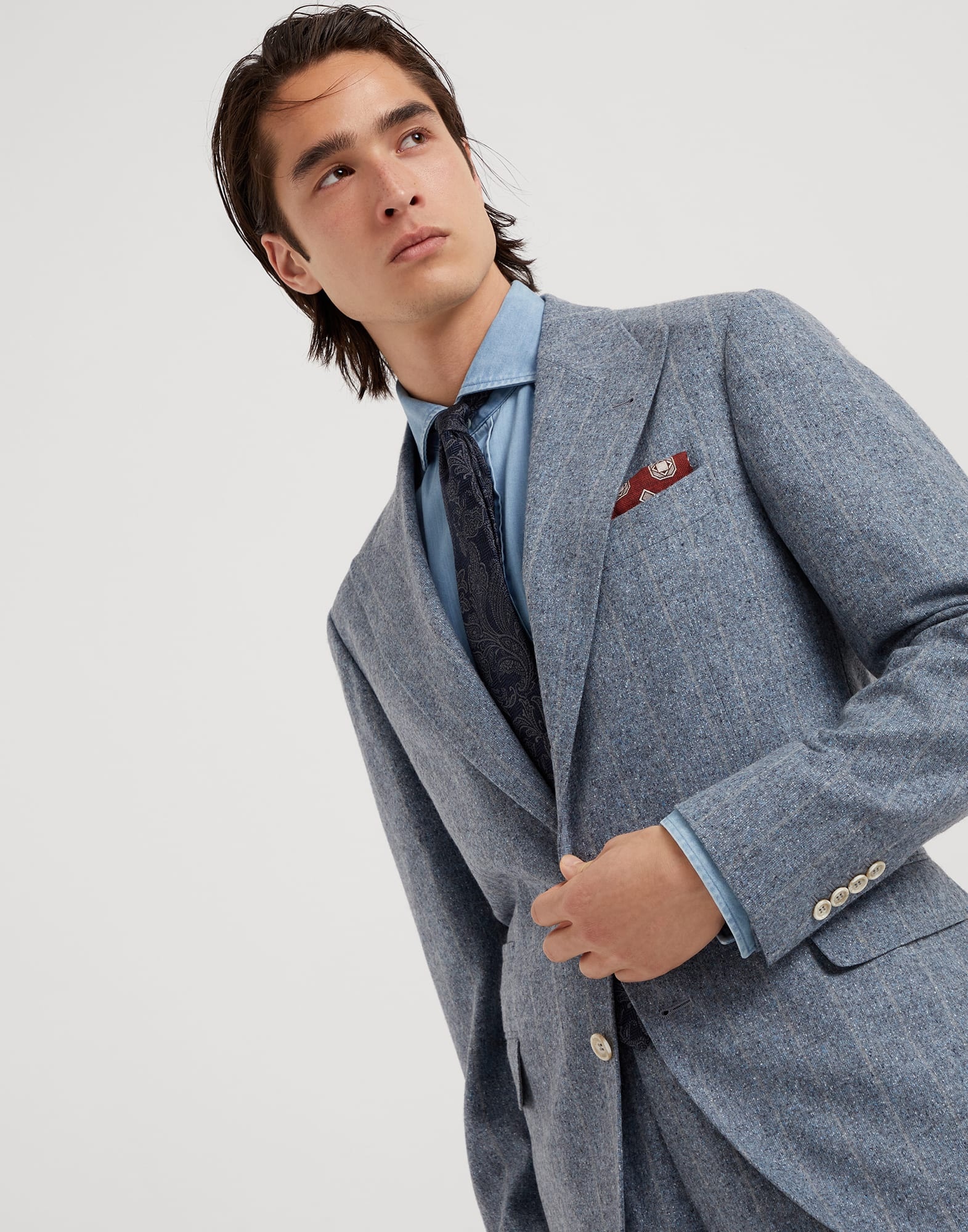 Flecked silk, wool and cashmere chalk stripe flannel Leisure suit: peak lapel jacket and trousers wi - 3