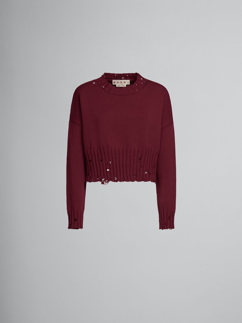 RUBY RED COTTON SWEATER WITH DISTRESSED TRIMS - 1