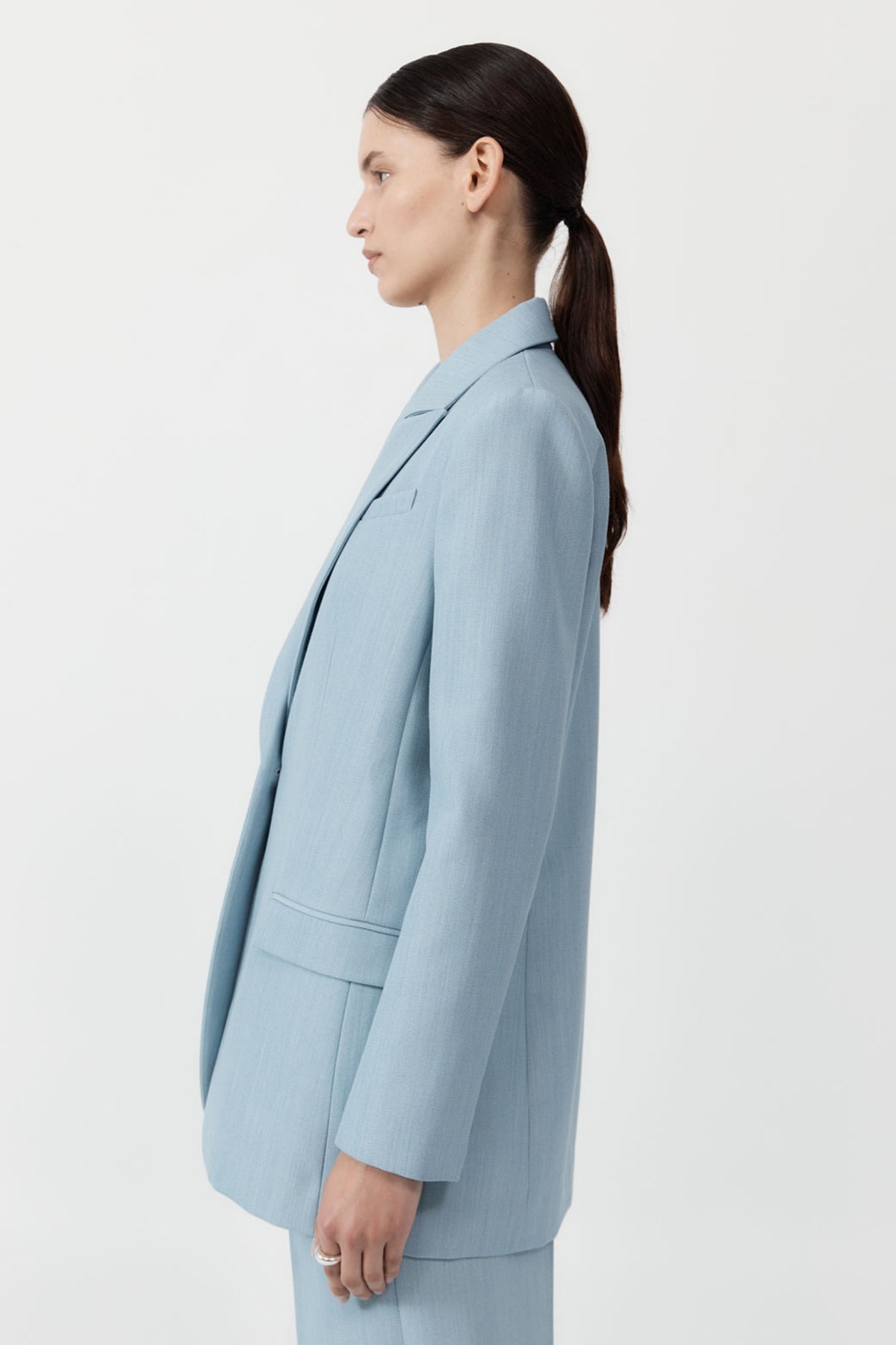 Single Button Tailored Blazer - Stone Blue - 5