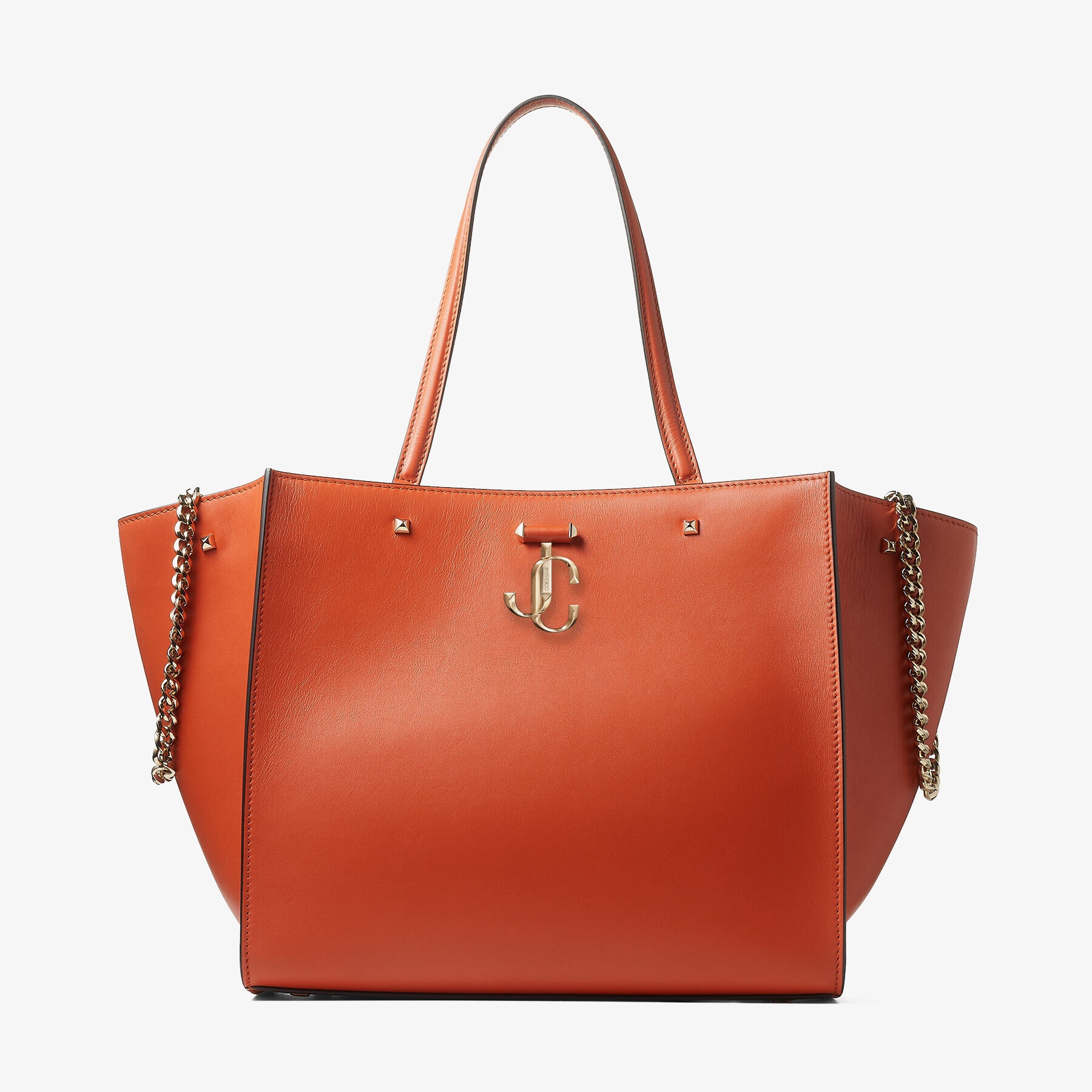 JIMMY CHOO Varenne Tote Bag Dark Amber Orange Fine Shiny Calf Leather Tote  Bag with Light Gold JC Emblem | REVERSIBLE