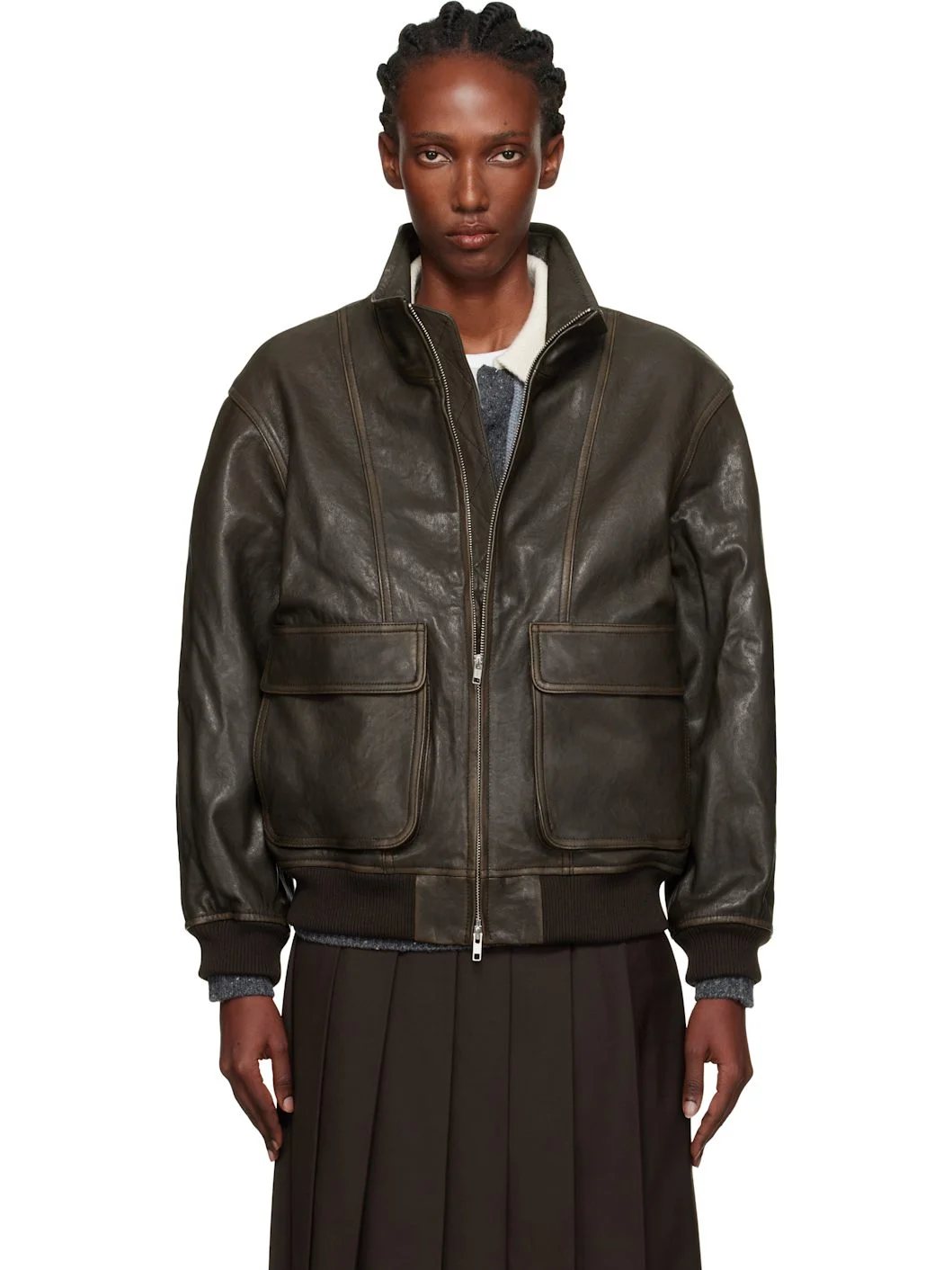 Brown Stand Collared Leather Jacket - 1