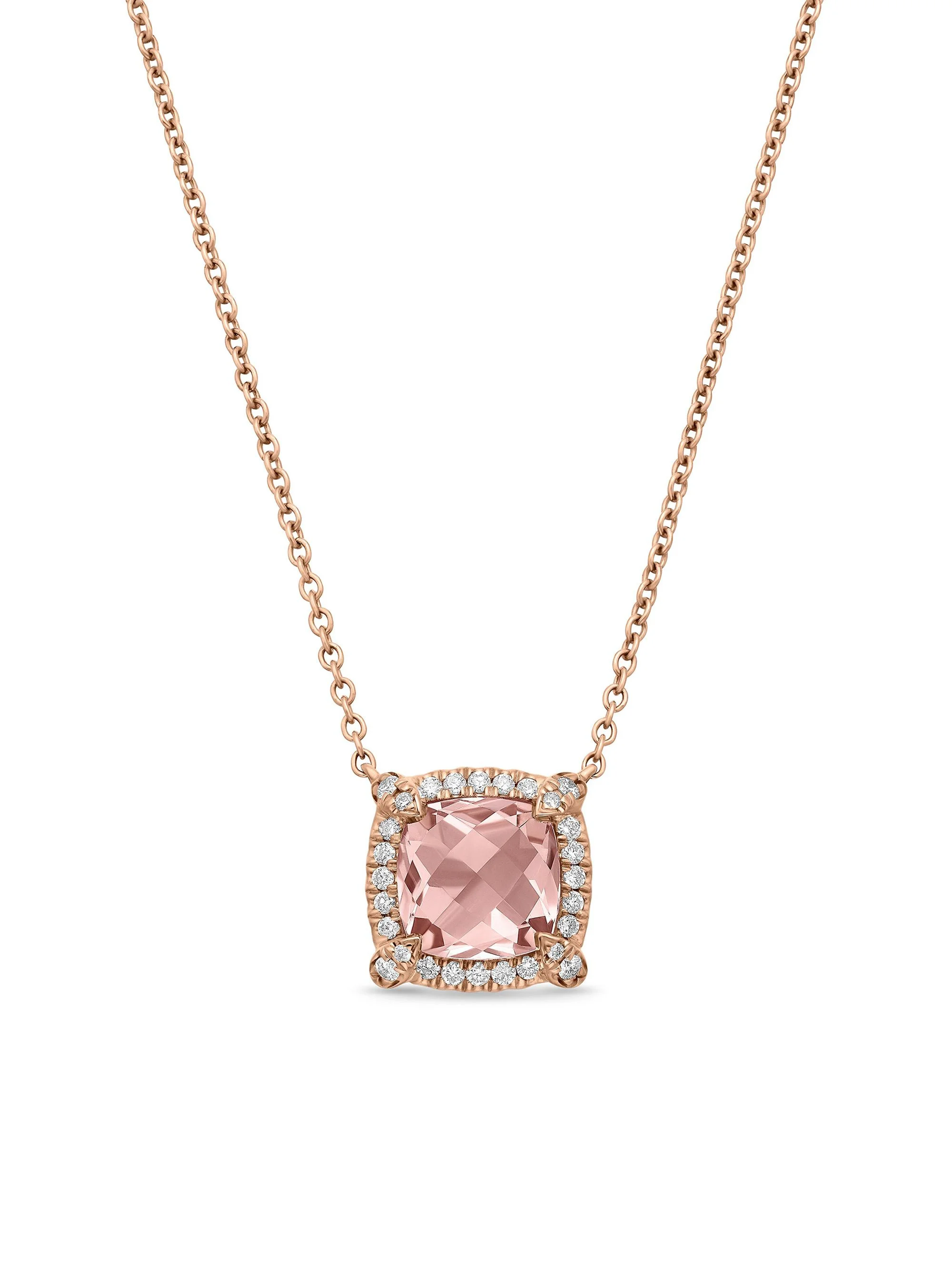 Women's Petite Chatelaine Pavé Bezel Pendant Necklace in 18K Rose Gold with Morganite and Diamonds, - 1