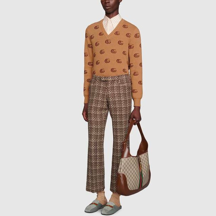 Gucci Double G Jacquard Wool V-Neck Sweater 'Camel Brown' 645292-XKBPF-8011 - 4