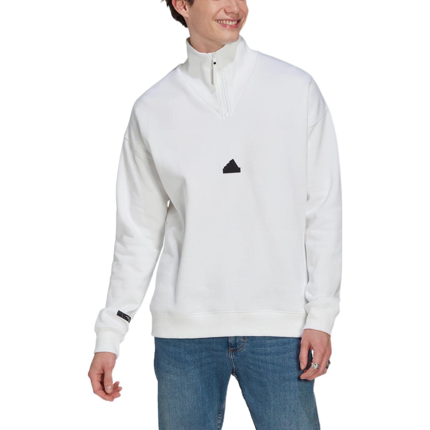 Men's adidas New 1/2-zip Solid Color Small Logo Half Zipper Pullover Stand Collar Long Sleeves White - 2