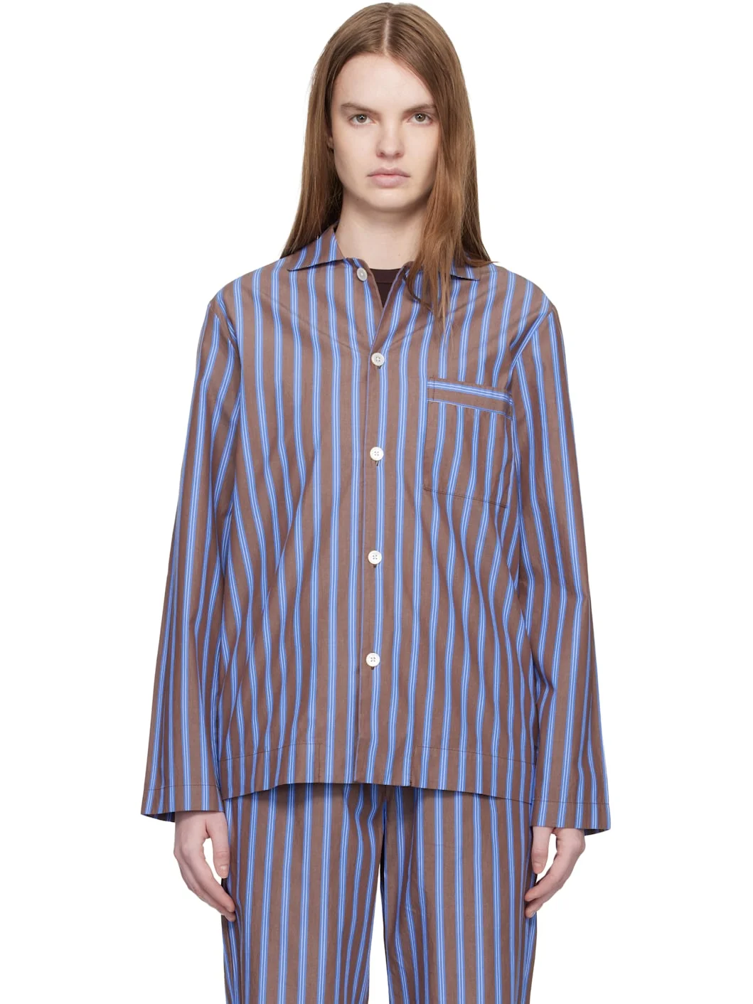 Brown & Blue Poplin Long-Sleeved Pyjama Shirt - 1
