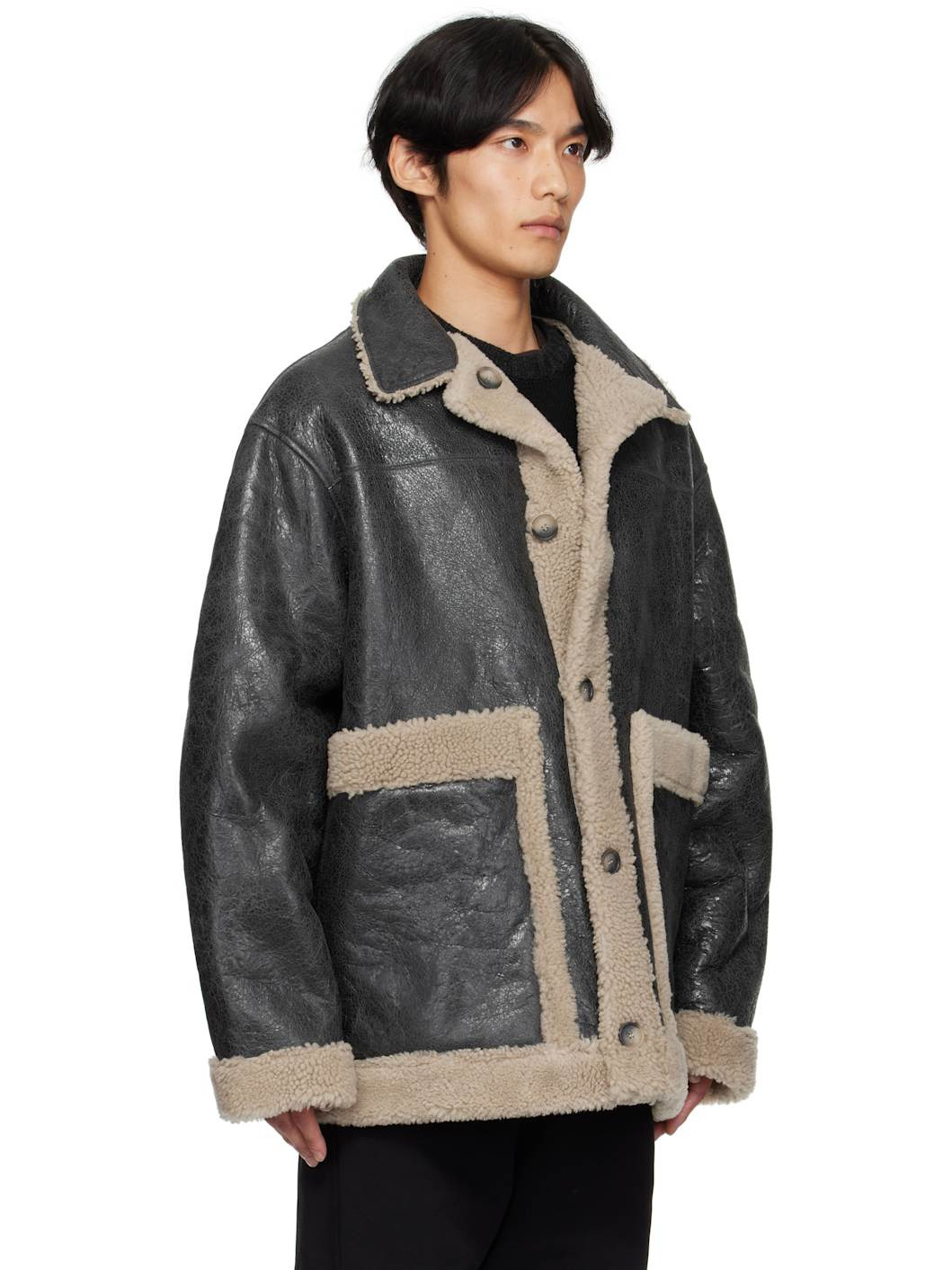 Black & Beige Crackled Reversible Shearling Jacket - 2