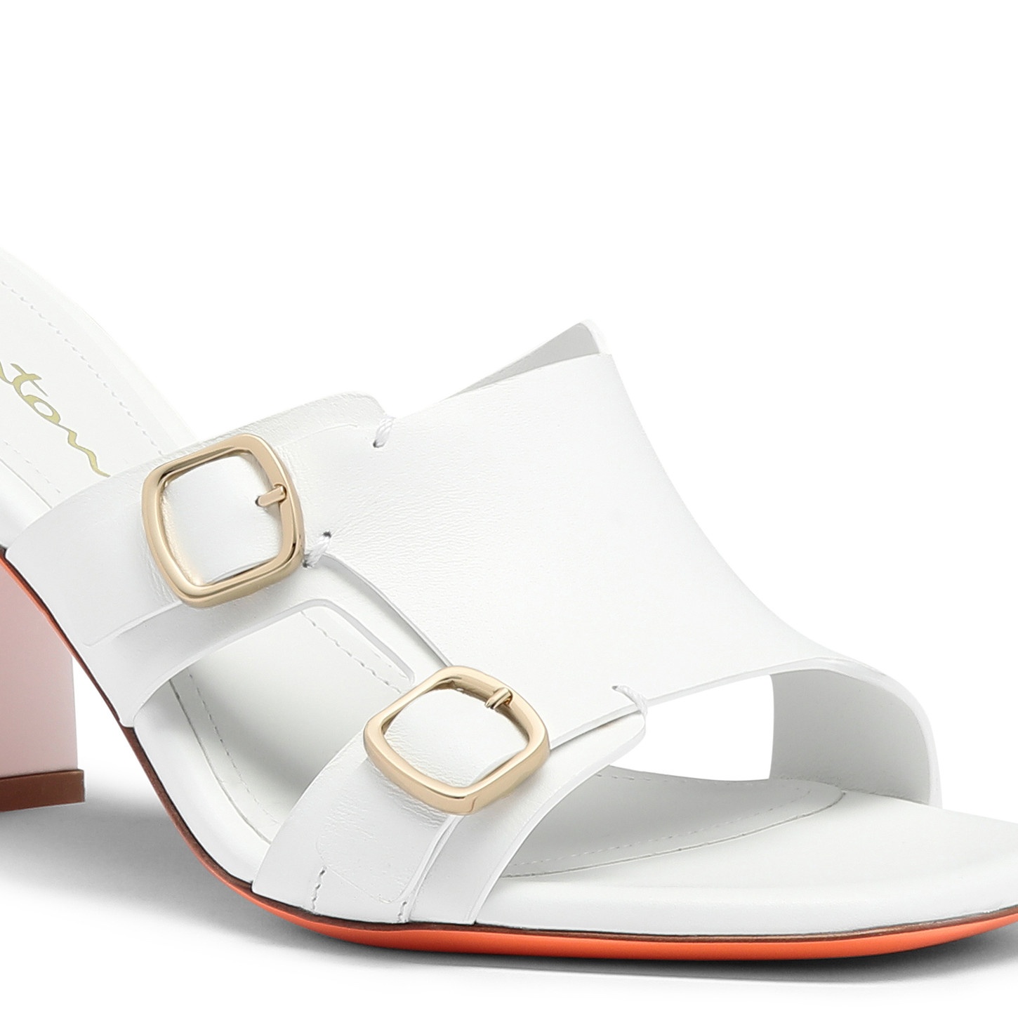 Women's white leather double-buckle mid sandal - 5