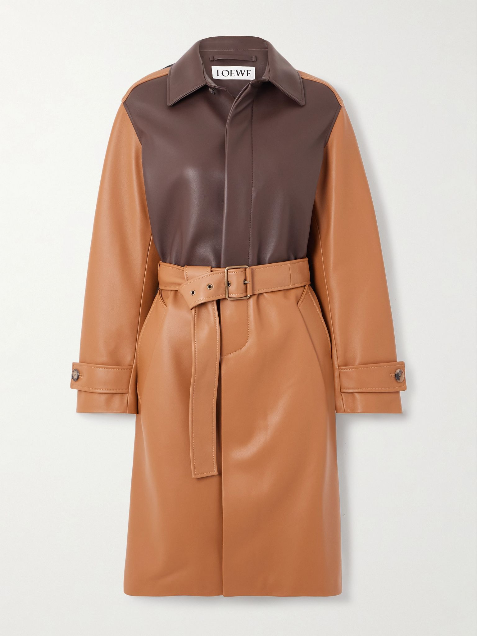 Belted two-tone leather coat Tan - 1