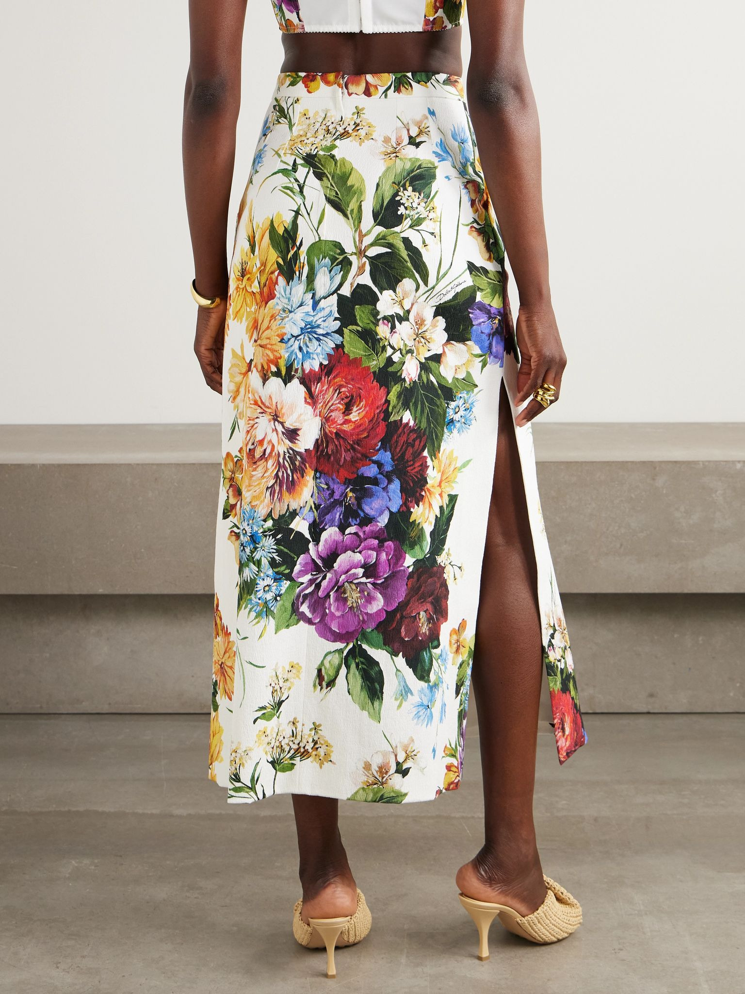 Floral-print crepon midi skirt White - 3