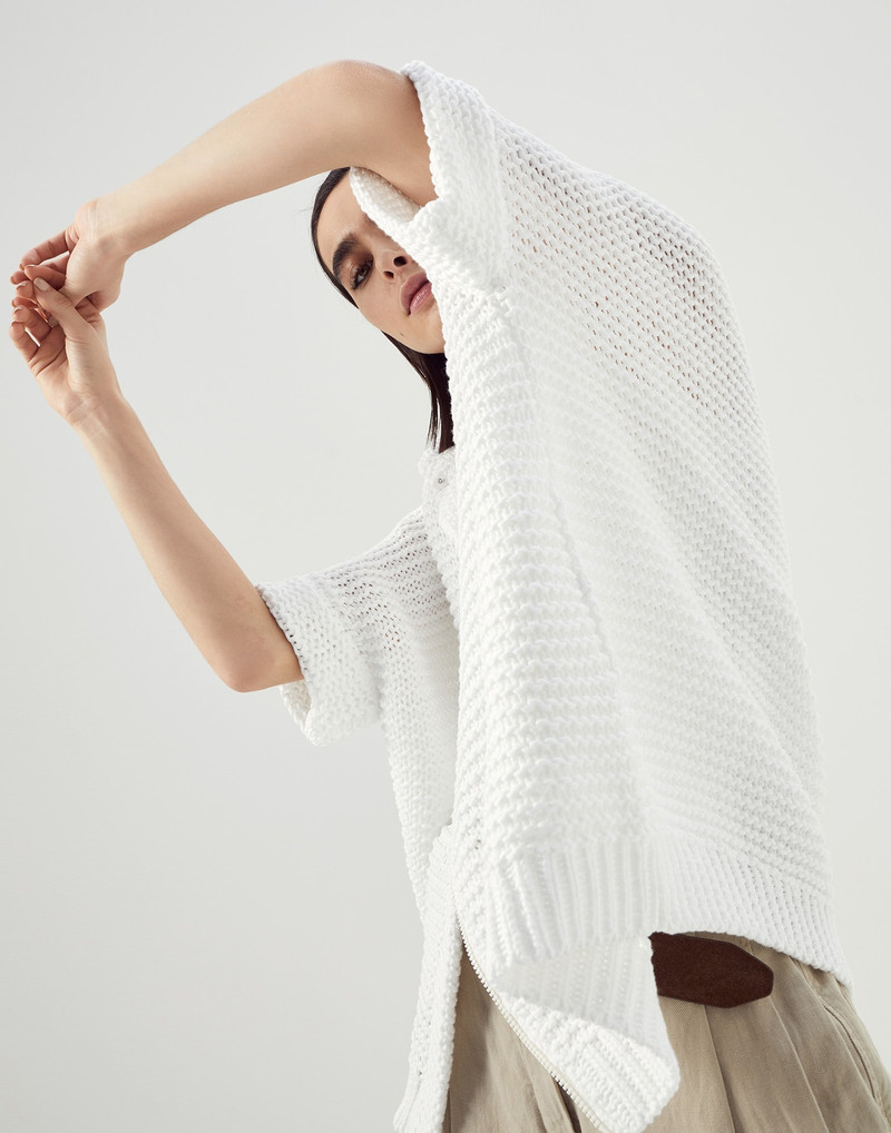 Cotton soft feather yarn link stitch poncho-style cardigan with monili 4