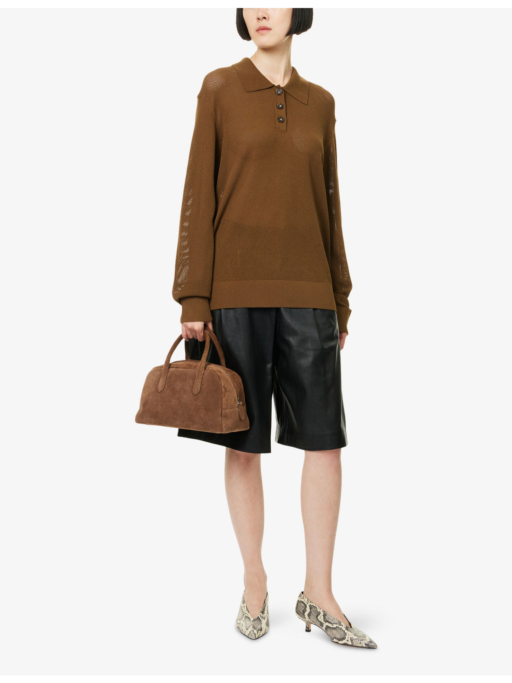 Madison Long-Sleeve Open-Knit Woven Polo Top - 2