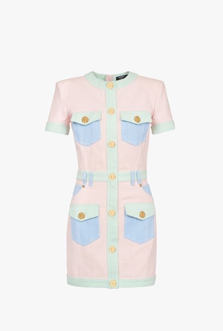 Short multicolor denim dress with gold-tone buttons - 1