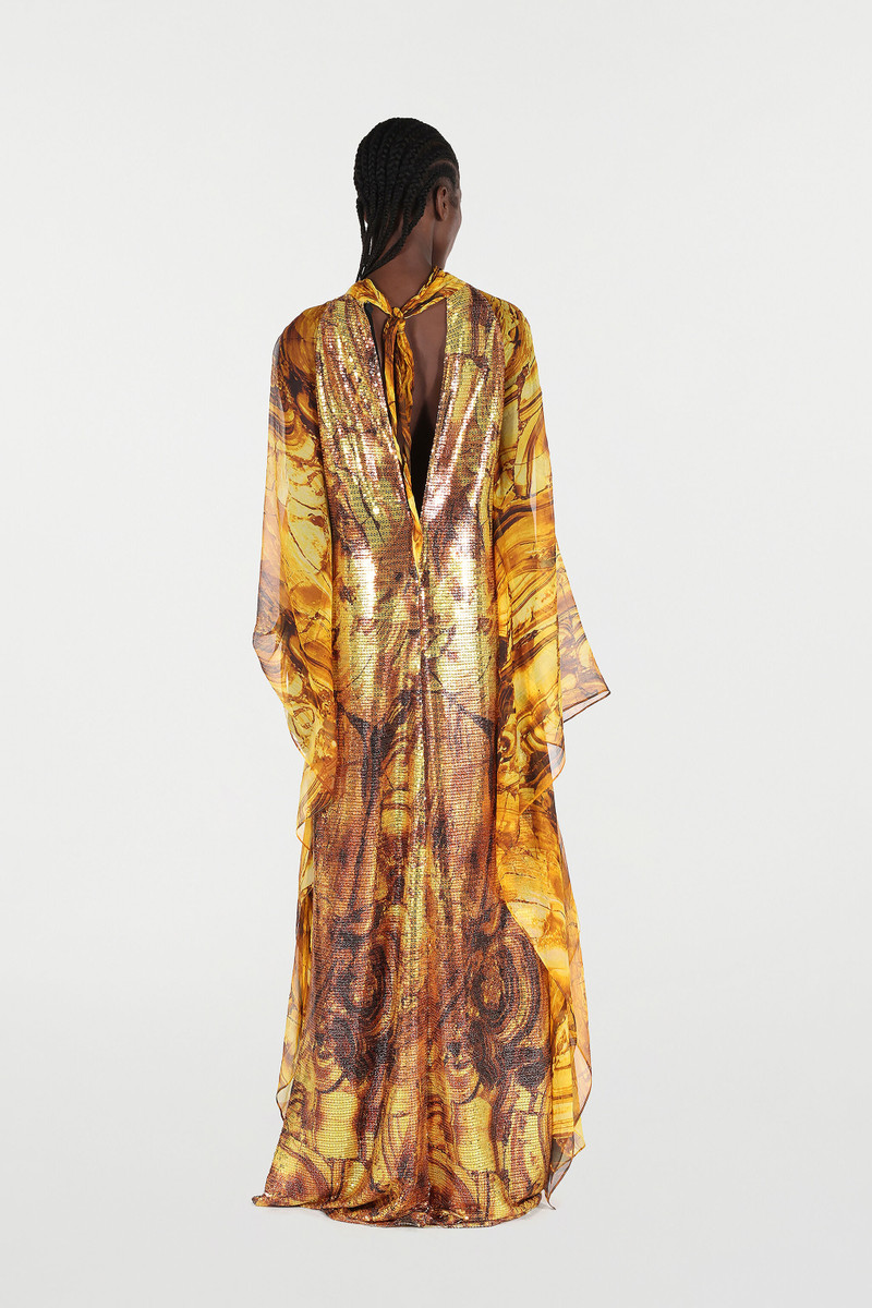 Silk Caftan Dress With Amber Print Sequins 4
