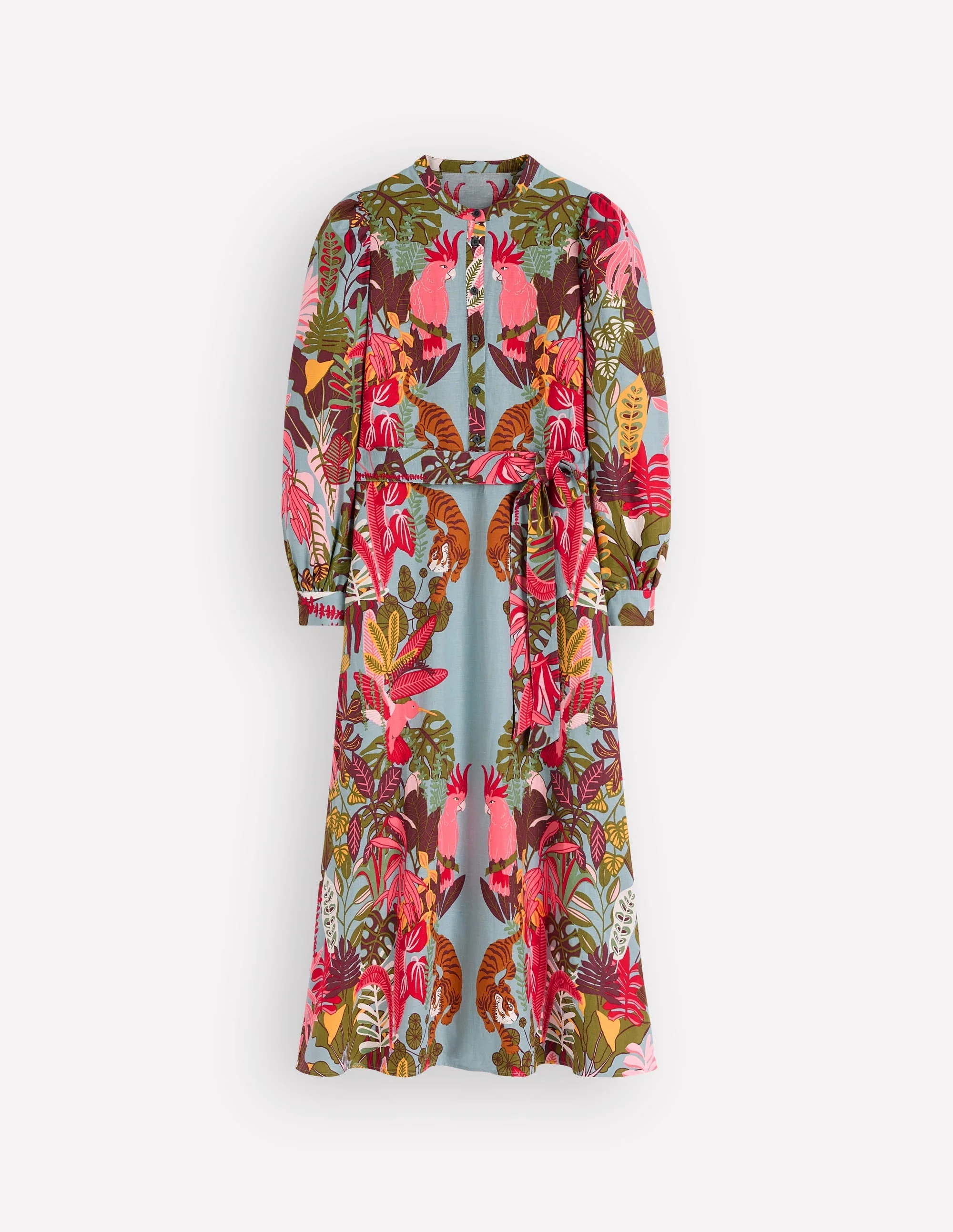 Ava Linen Blend Midi Dress-Blue Tropical Safari Placement - 1