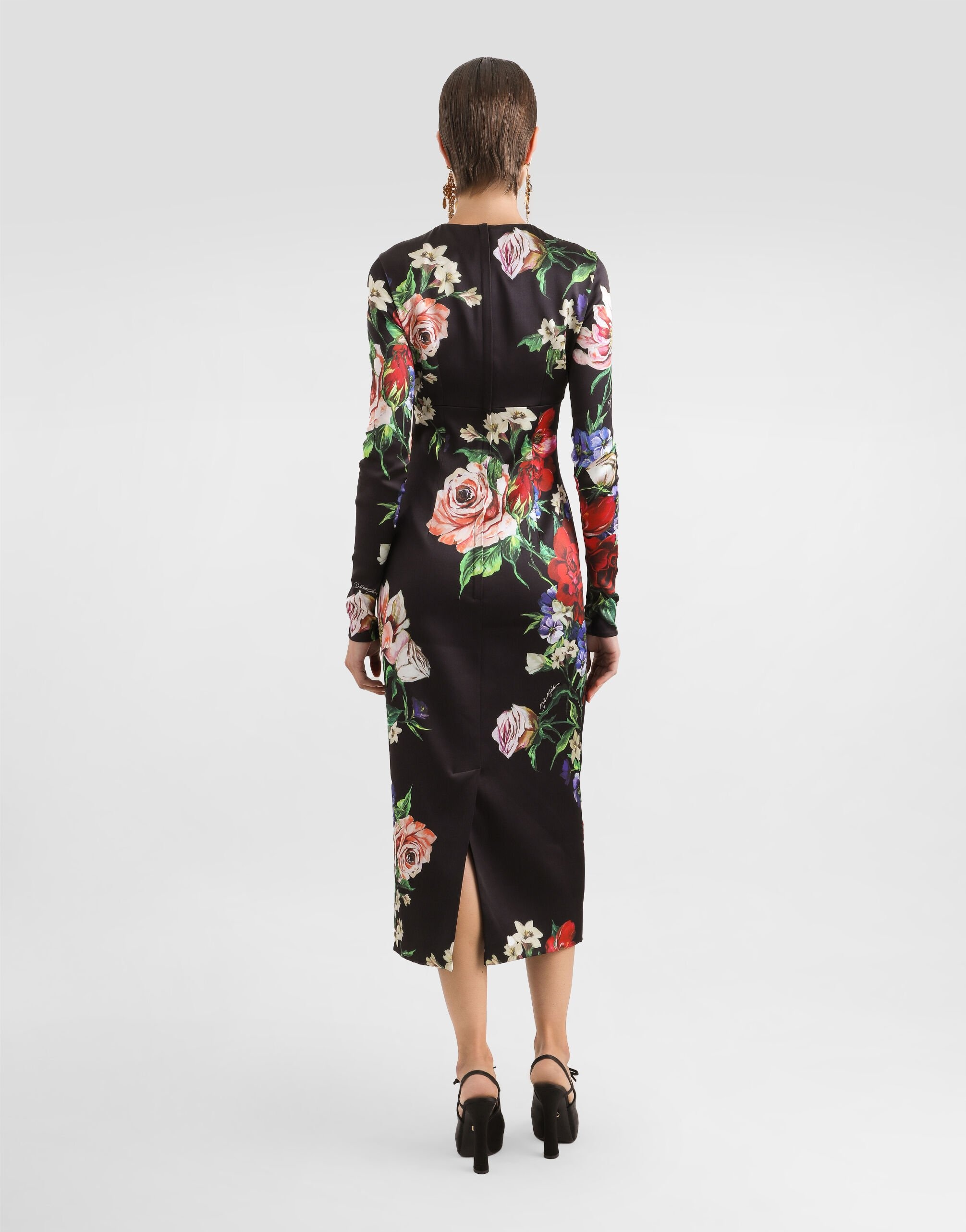 Satin calf-length round-neck dress with floral print - 3