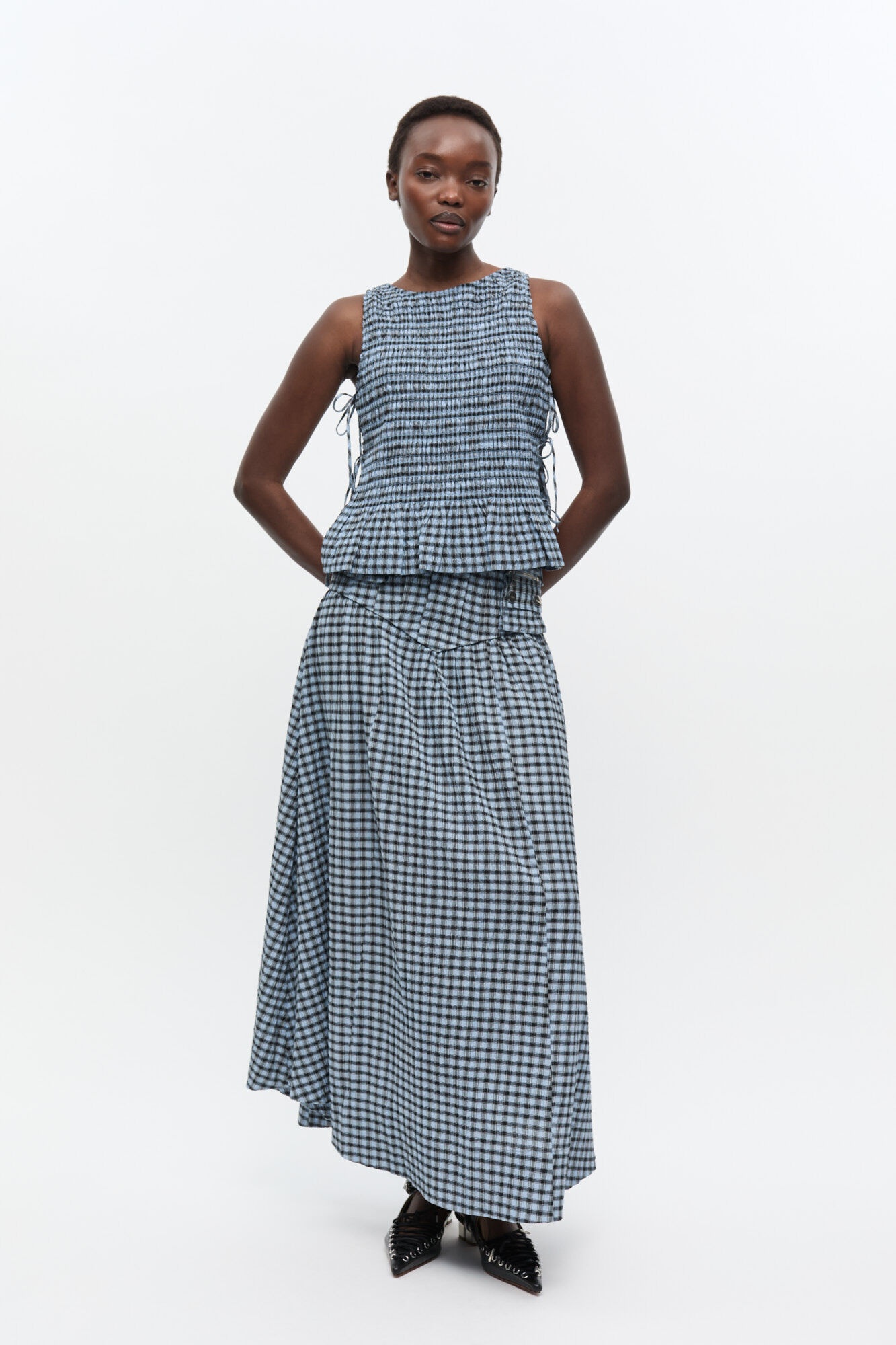 BLUE SEERSUCKER CHECK SMOCK TIE STRING TOP - 3