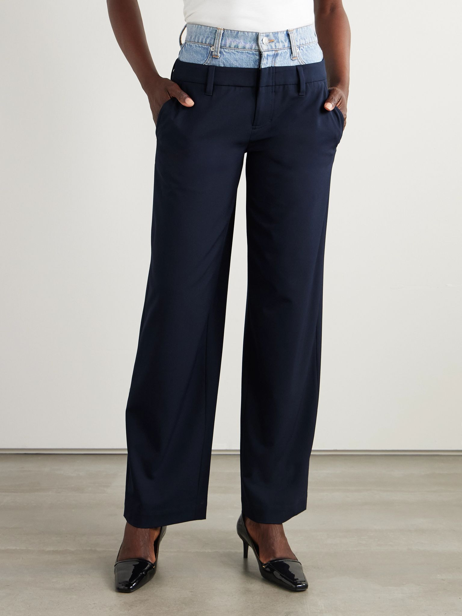 Ophelia denim-trimmed grain de poudre straight-leg pants Navy - 3