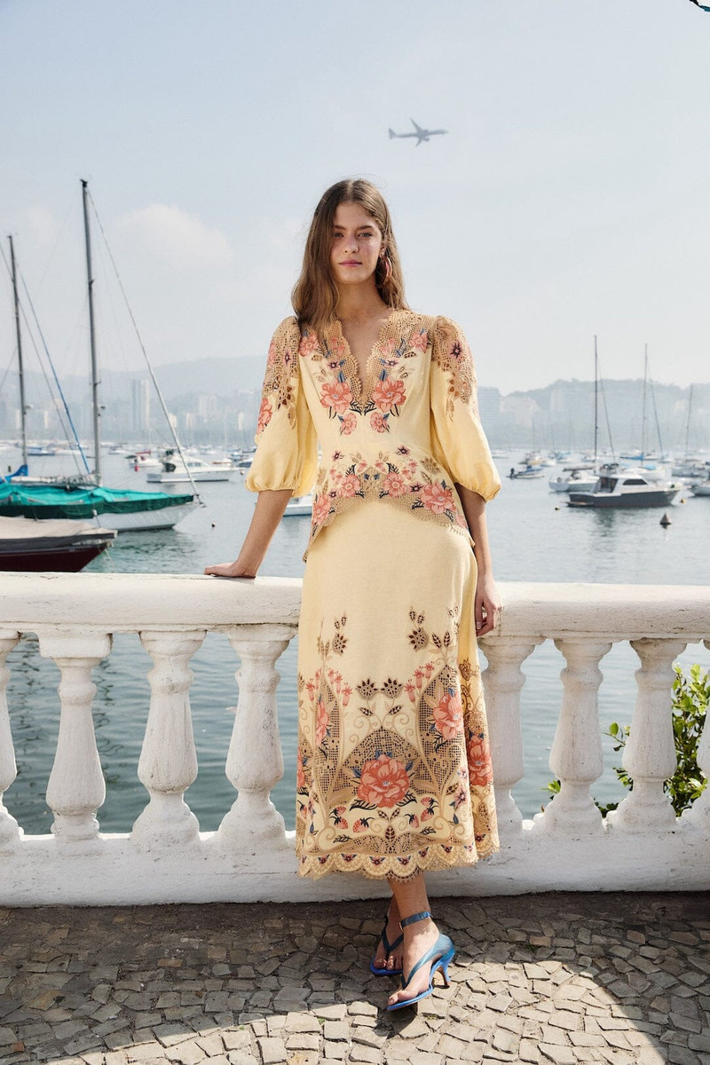 Butter Yellow Embroidered Lenzing Ecovero Euroflax Midi Dress 1